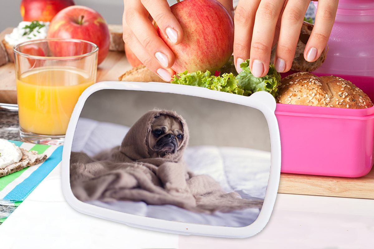 MuchoWow Lunchbox Hund - Snackbox, Brotbox Kunststoff, für (2-tlg), Bett, Erwachsene, Kunststoff Mädchen, rosa - Decke Brotdose Kinder
