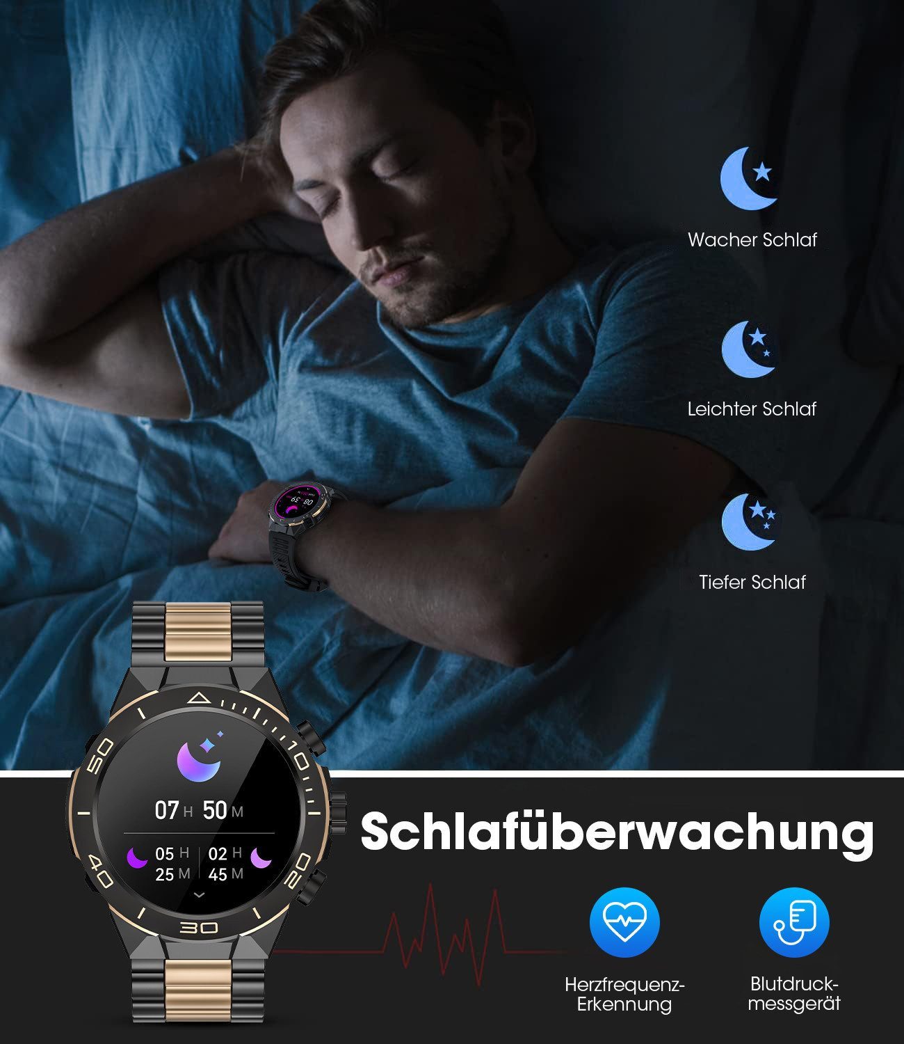 SWGOTA Smartwatch Herren Militär 1000mAh mit Herzfrequenz,Blutdruck,SpO2 Smartwatch (3.63 cm cm/1,43 Zoll), Schlafmonitor,100+ Sportmodi,2 Armbänder,Fitnesstrac – Bild 4 von 5