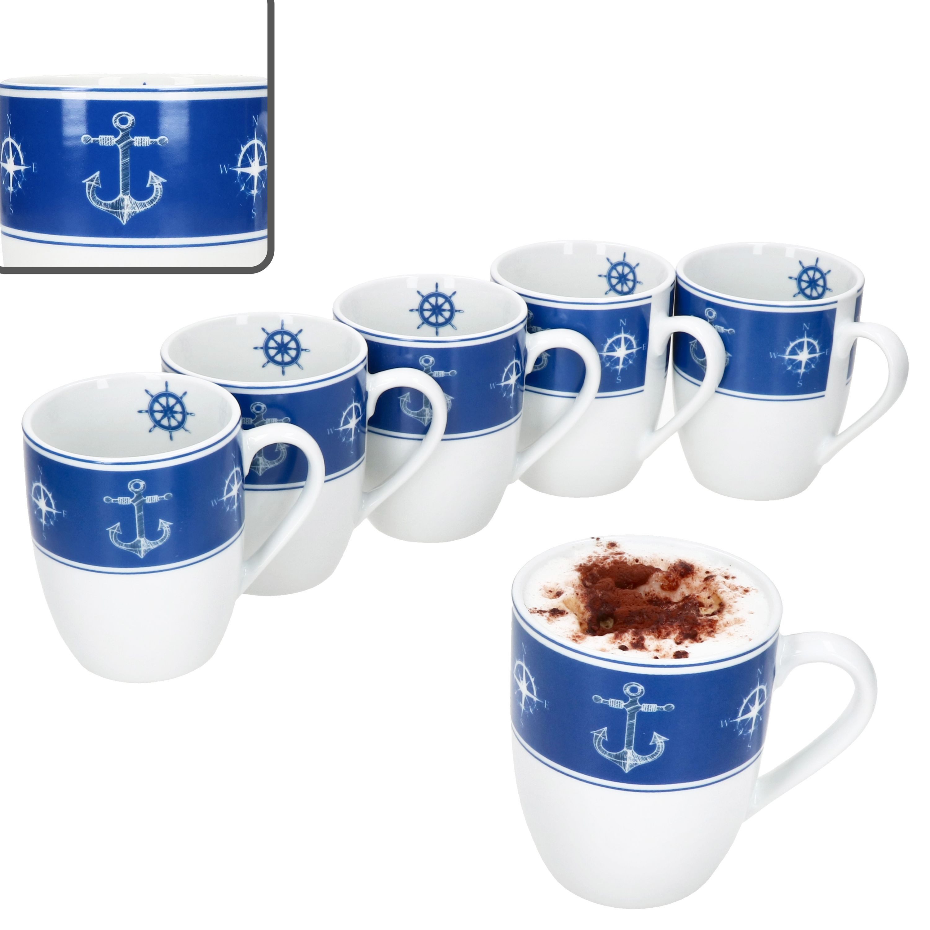 MamboCat Becher Ahoi 6x Kaffeebecher 280ml Porzellan-Tassen 6 Pers Tee Kakao nautisch, Porzellan