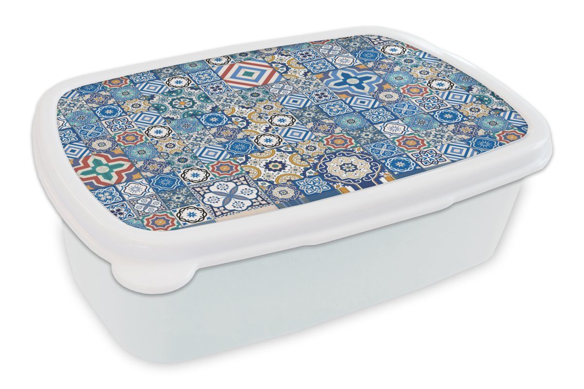 MuchoWow Lunchbox Muster - Blau - Formen, Kunststoff, (2-tlg), Brotbox für Kinder und Erwachsene, Brotdose, für Jungs und Mädchen weiß