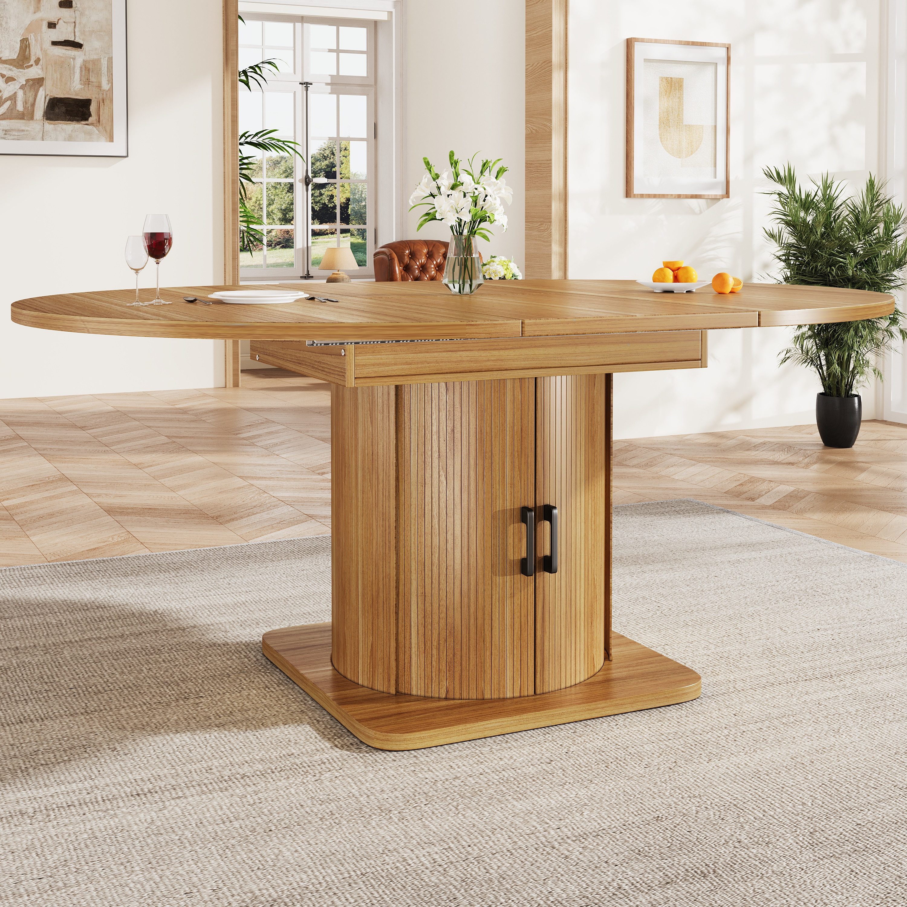 KLAM HOME Esstisch Ausziehbarer Esstisch rund oval wandelbar bis sechs Personen Schwarz (Multifunktionaler Küchentisch praktische Schubladen modernes Design), P – Bild 4 von 5
