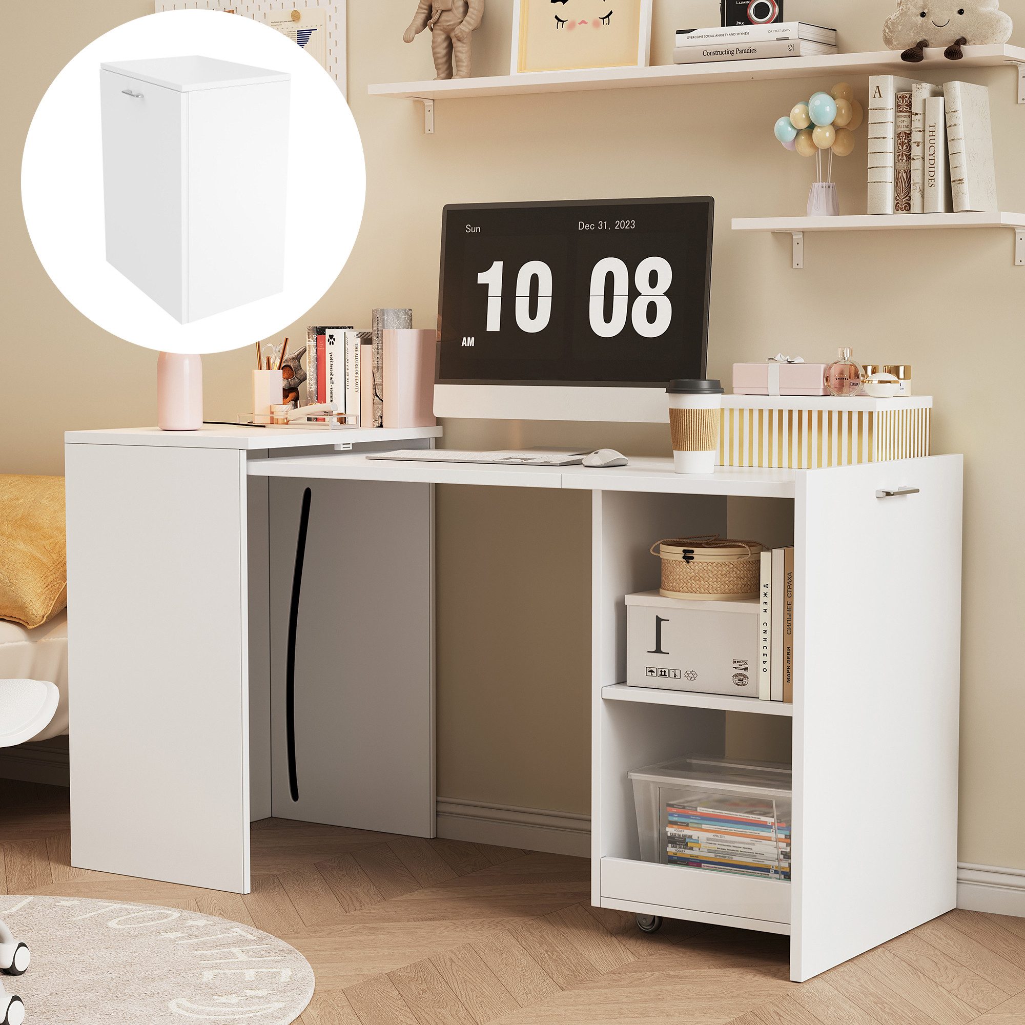 Flieks Regal-Schreibtisch 2-in-1 ausziehbar Computertisch mit Rollen/Schrank mit Ablagen (Tischplatte: 84x51 cm, Mehrzweckschrank: 55x40x75 cm, Gesamtlänge 126 cm, 1-St), Multifunktionaler Klapptisch Eckschreibtisch Arbeitstisch Büro Weiß