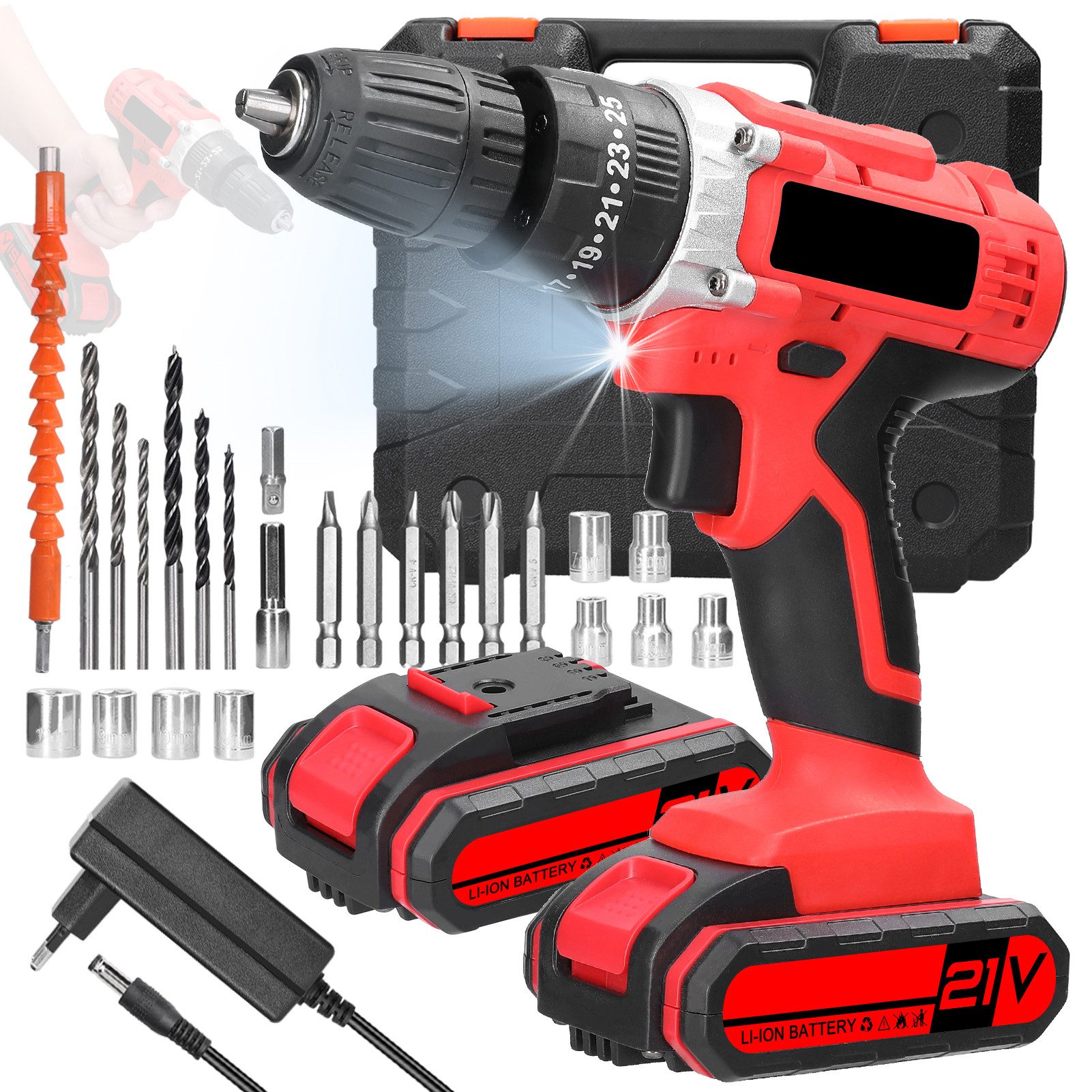 GARRYFIZH Akku-Bohrmaschine Akku Bohrhammer Akku Schlagbohrmaschine 21V Akku Bohrmaschine, 2 Batterien 3-in-1-Multifunktion LED-Anzeigeleuchte