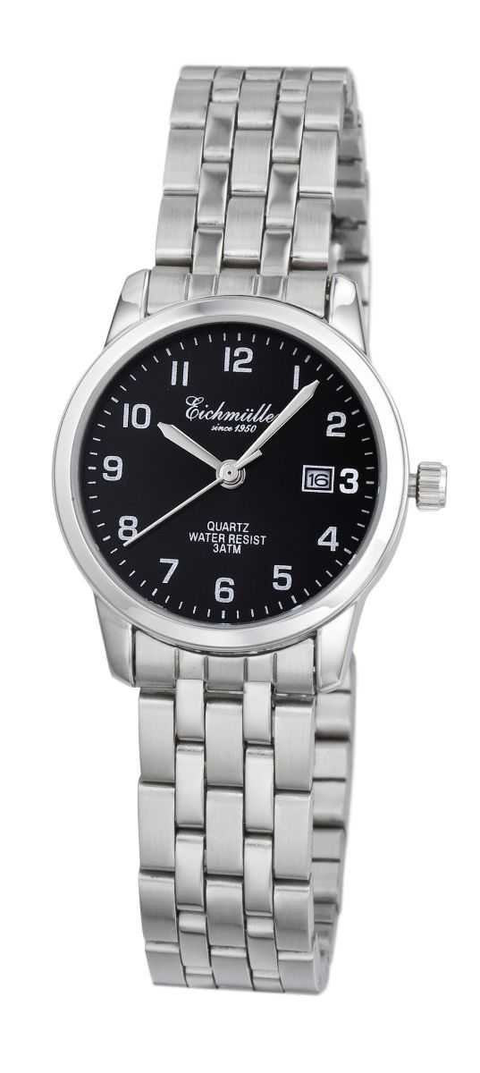 Eichmüller Quarzuhr Damenuhr schwarzes Zifferblatt, Metallarmband, 28 mm, 7031-02, elegante Damenarmbanduhr
