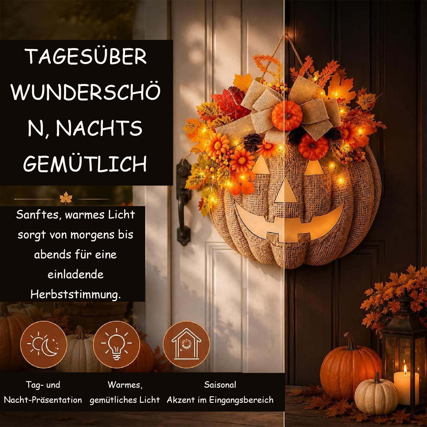 Kunstkranz Beleuchteter Sackleinen-Kürbiskranz, ferngesteuerte Halloween, Bomiclss – Bild 3 von 5