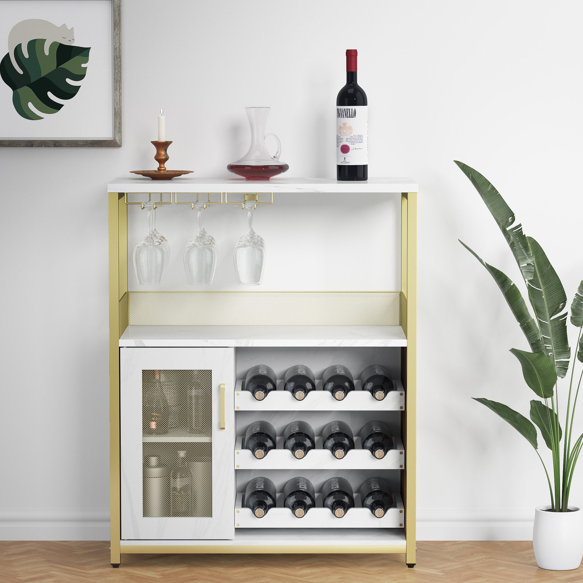 GarveeMore Weinschrank,Barschrank mit Glashalter und Netztür,industrielles Sideboard Weinlagerschrank mit abnehmbarem Weinregal und Stauraum,69x35x92cm