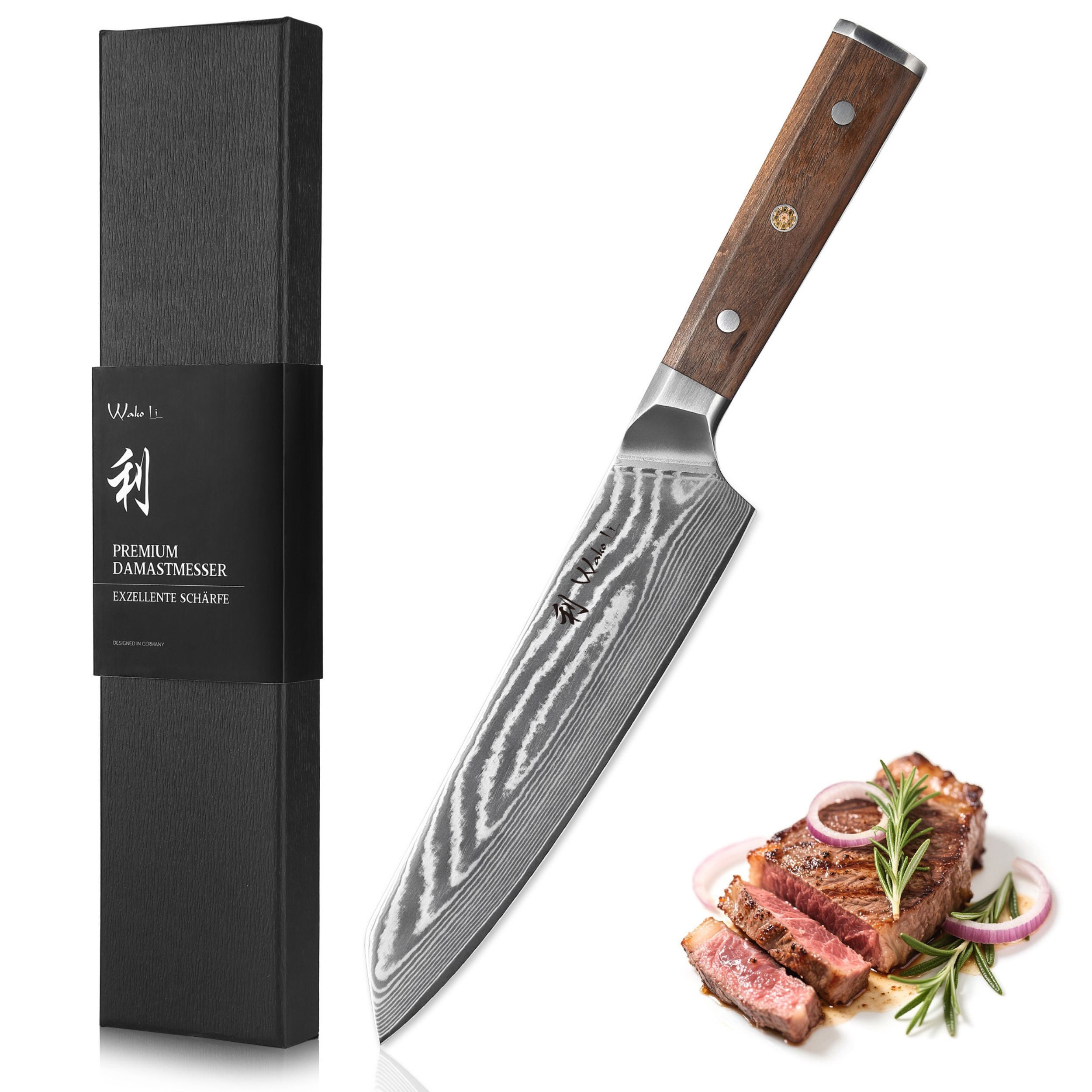 Wakoli Asiamesser Damast Kiritsuke Küchenmesser 20 cm Klinge Full Tang Walnussholzgriff, Damaststahl, Full Tang, VG-10