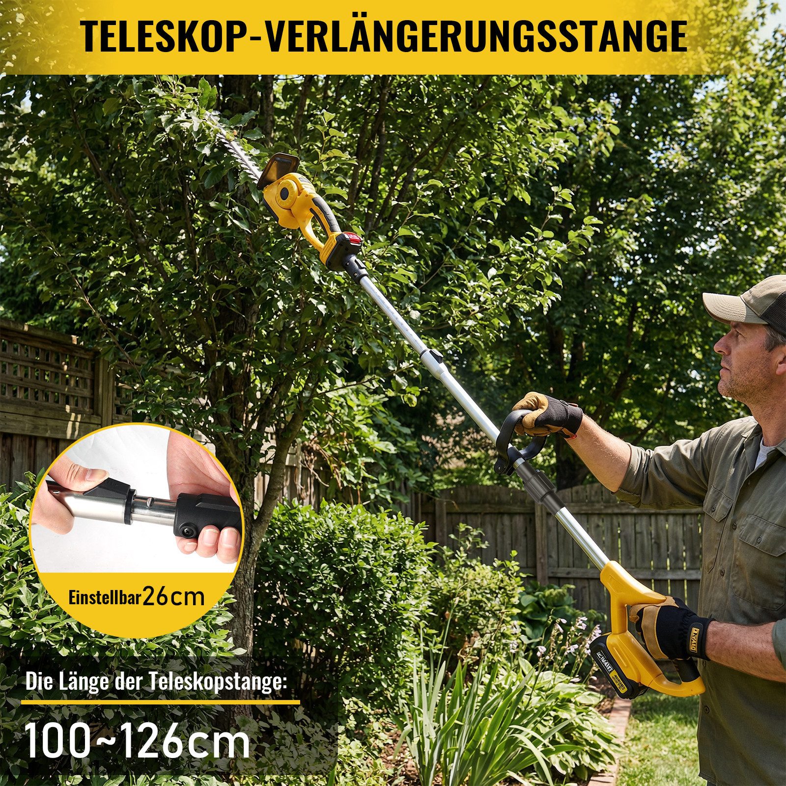 CONENTOOL Akku-Grasschere 2-in-1 Akku Heckenschere 21V, 2x 2000mAh, mit Teleskopstange 100-126cm, SK5 Klingen, mit 23/5cm Schnittlänge