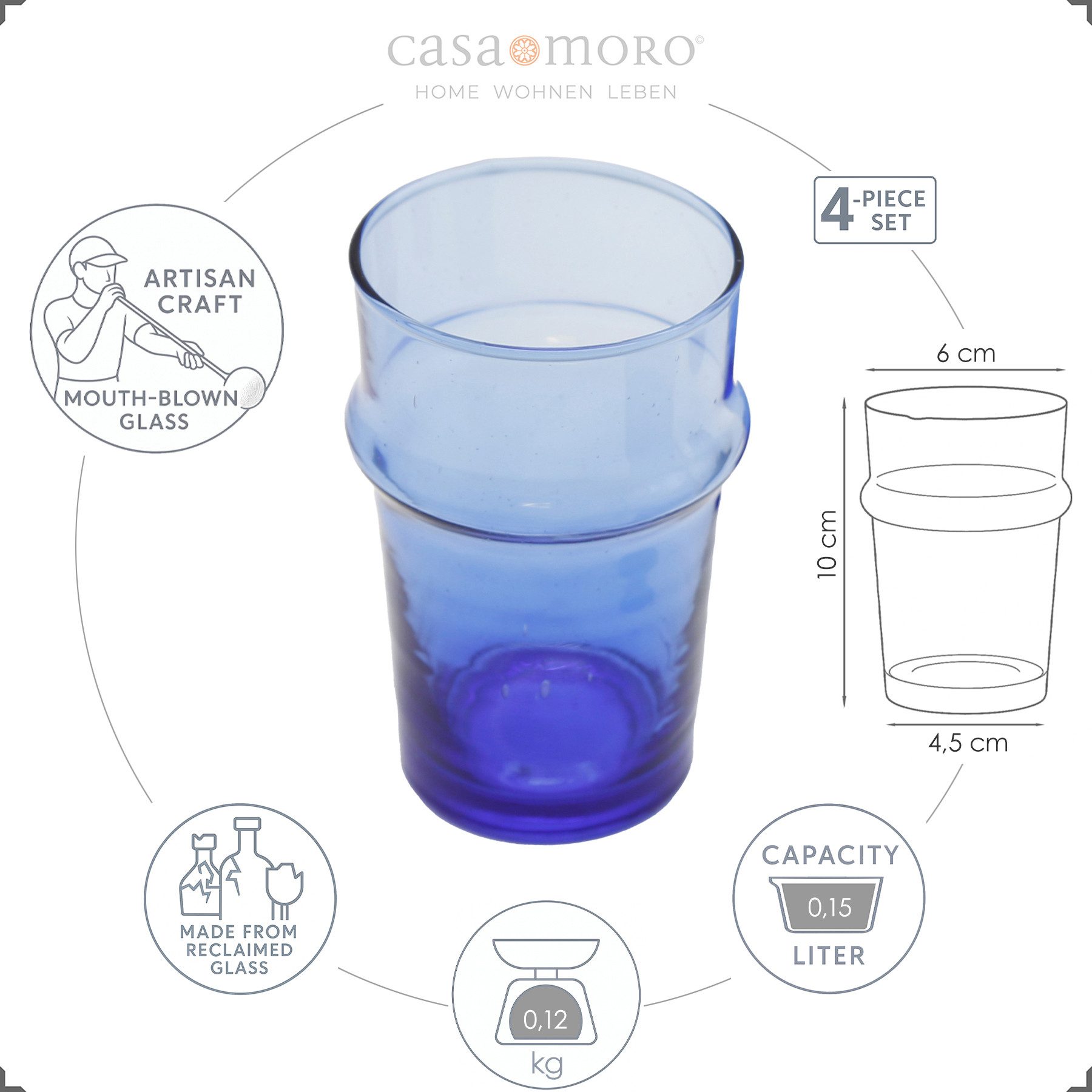 Casa Moro Gläser-Set Gläser Set 4er Teegläser Dessertgläser Espresso Macchiato Blau, 4-tlg., Glas, 4-teilig, 150 ml je Glas, für Kalt- und Heißgetränke geeignet