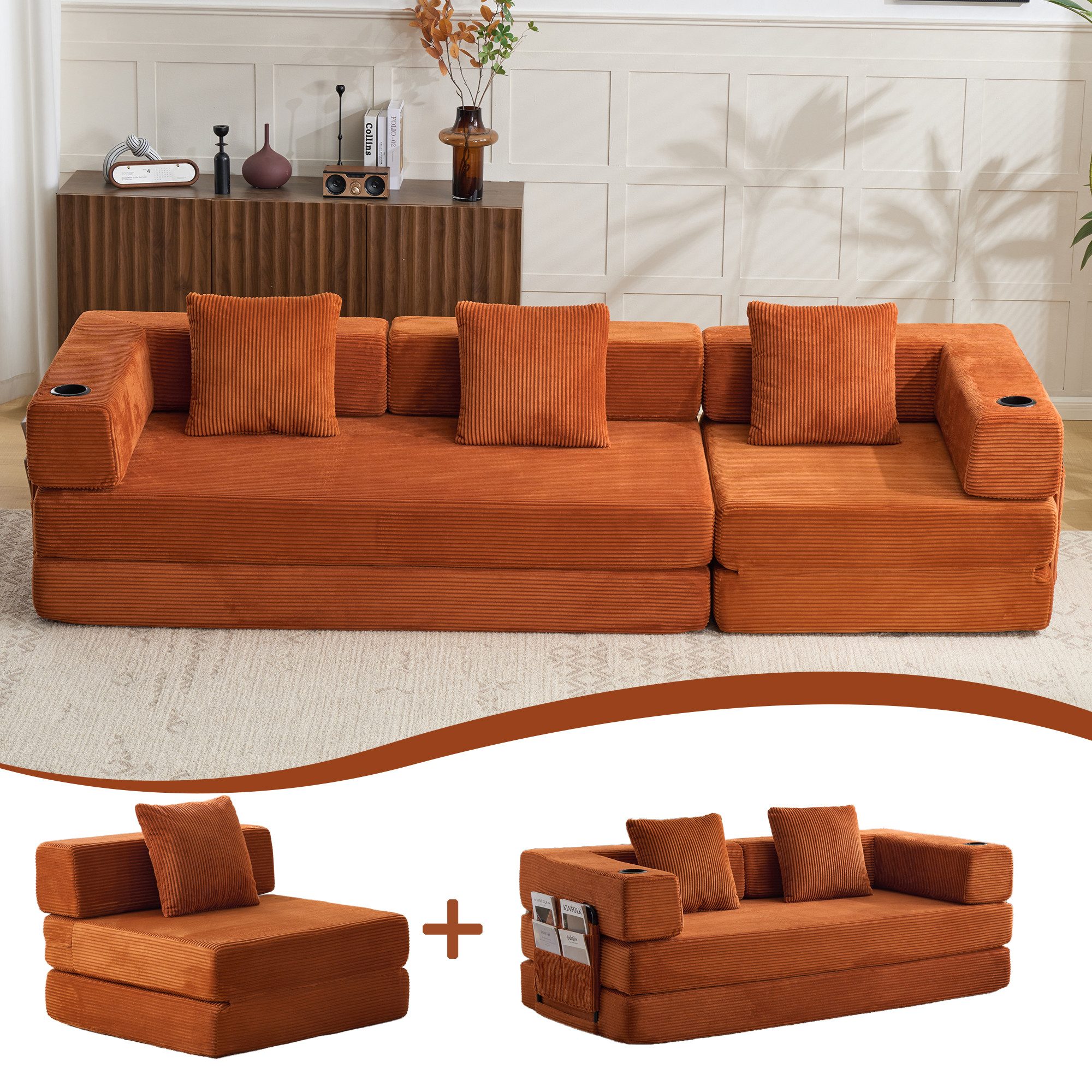 CANMOV Sofa 1&2&3 Sitzer Sofa-Bett mit Getränkehaltern, klappbares Gästesofa, Relaxsofa mit Aufklappfunktion und Cordbezug