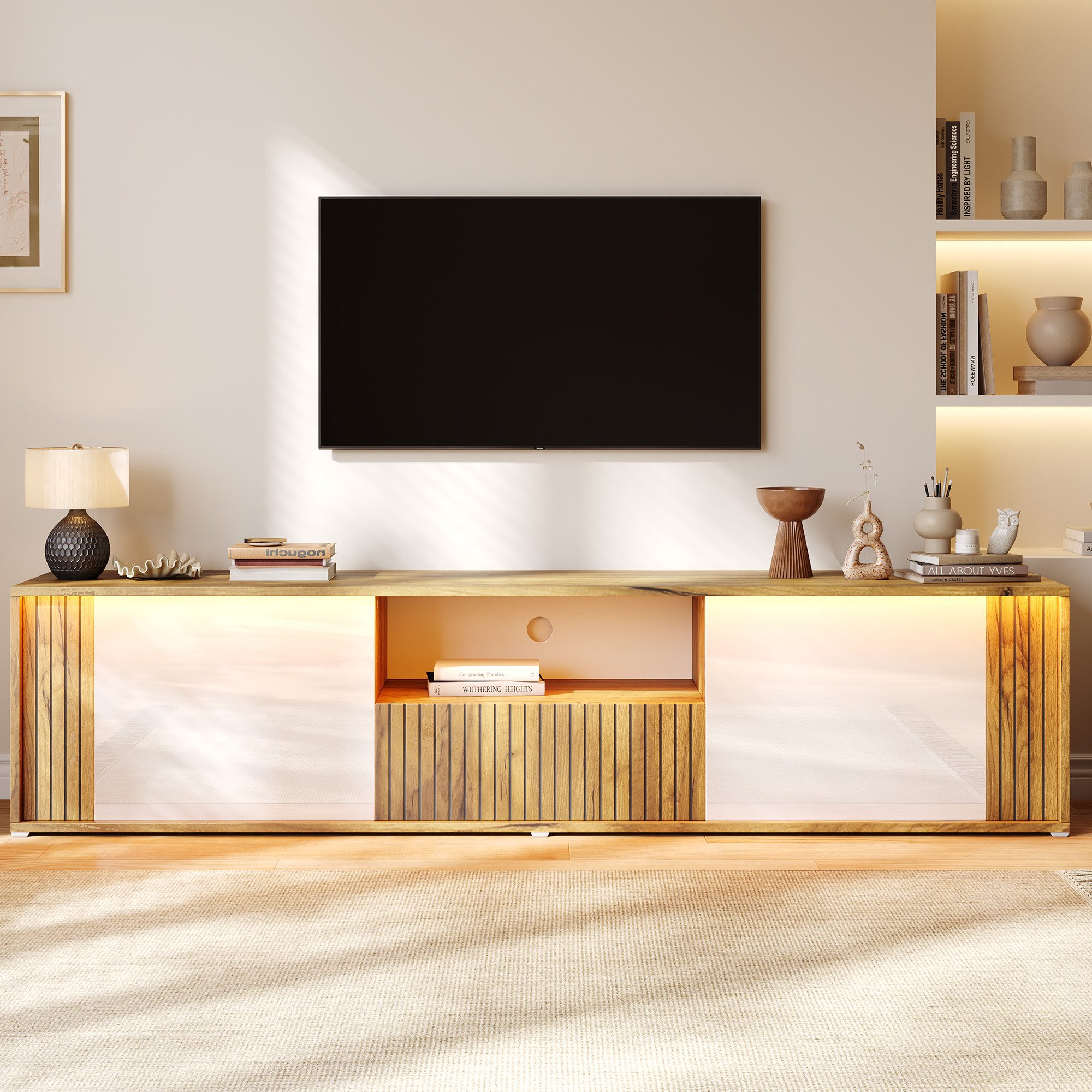 Merax Lowboard mit LED-Beleuchtung, Fernsehtisch mit Holzoptik (180 L x 40 B x 51 H cm, 1 St), TV-Schrank mit 2 Türen, 1 Schublade, offenen Ablage & Kabelmanagement