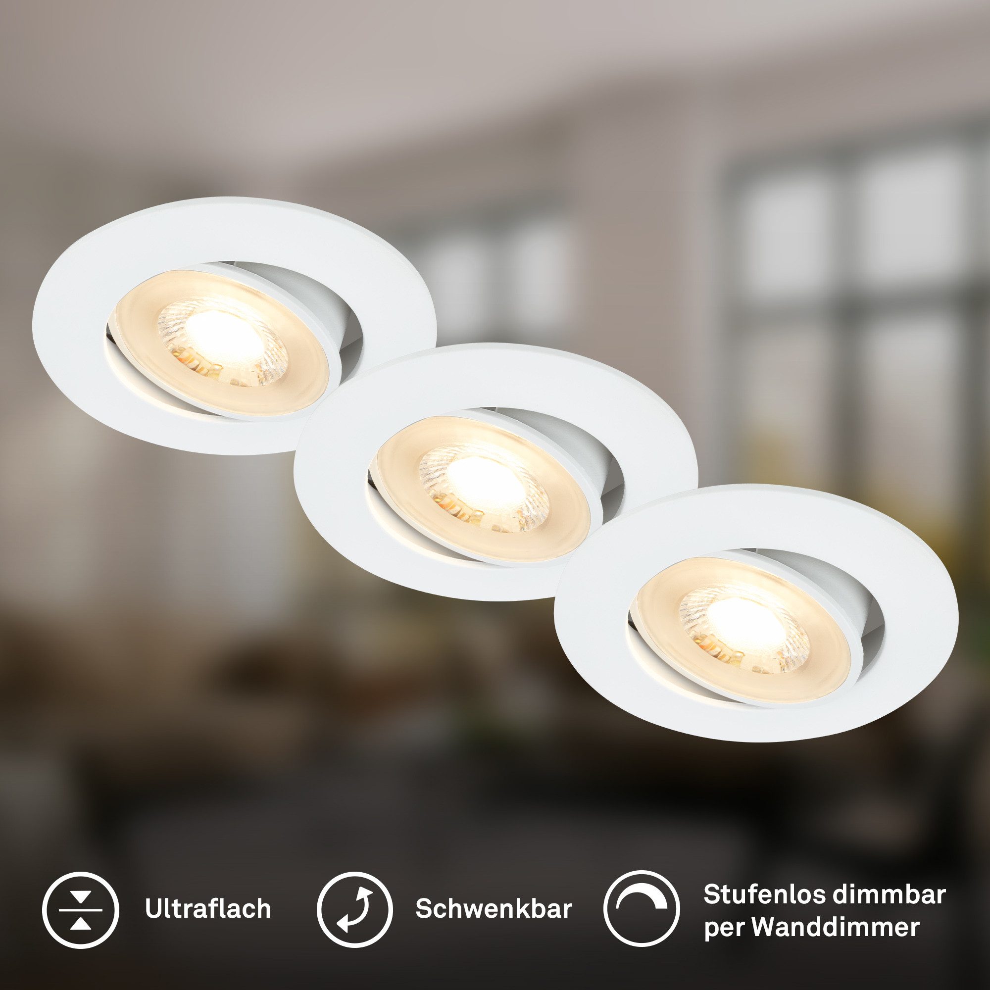 Briloner Leuchten LED Einbauleuchte Einbaustrahler 3er Set Dimmbar Schwenkbar, Dimmbar, LED fest integriert, Warmweiß, 90x24 mm, Wohnzimmer, Flur