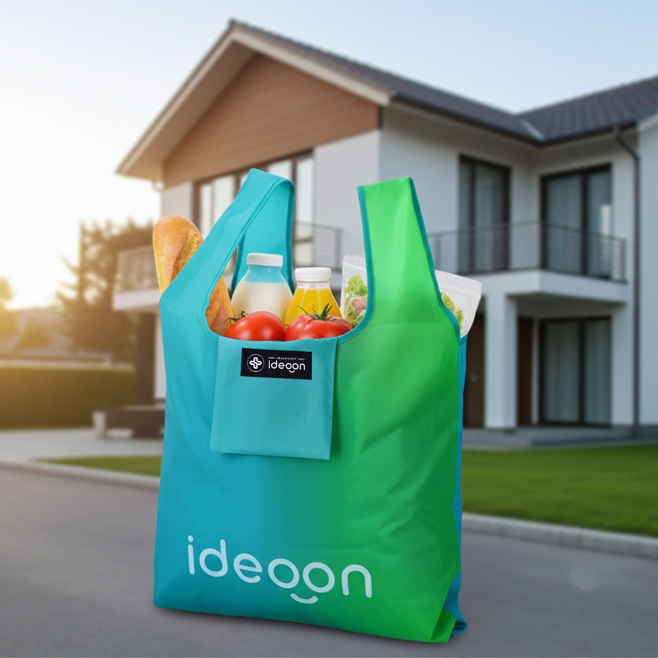 shop'n smile ideoon Einkaufsbeutel Faltbarer Einkaufsbeutel Einkaufstasche offen 52 × 33cm wiederwendbar, robustes Polyester & extrem platzsparend verstaubar, für Shopping
