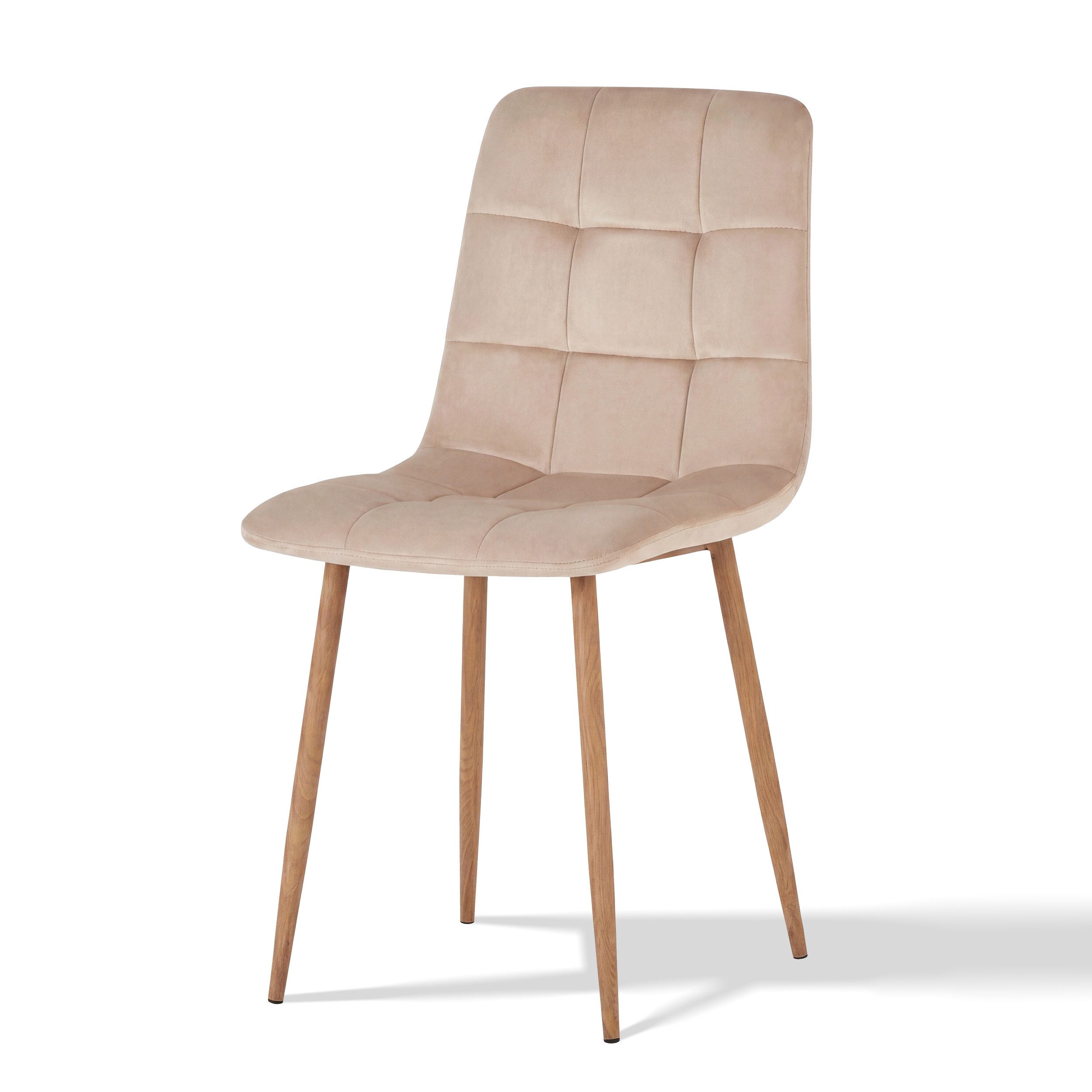 KHG Küchenstuhl Samt Beige mit eleganter Steppung, Skandi Look, Polsterstuhl mit Metallgestell im Eiche-Look, bis 120 kg belastbar