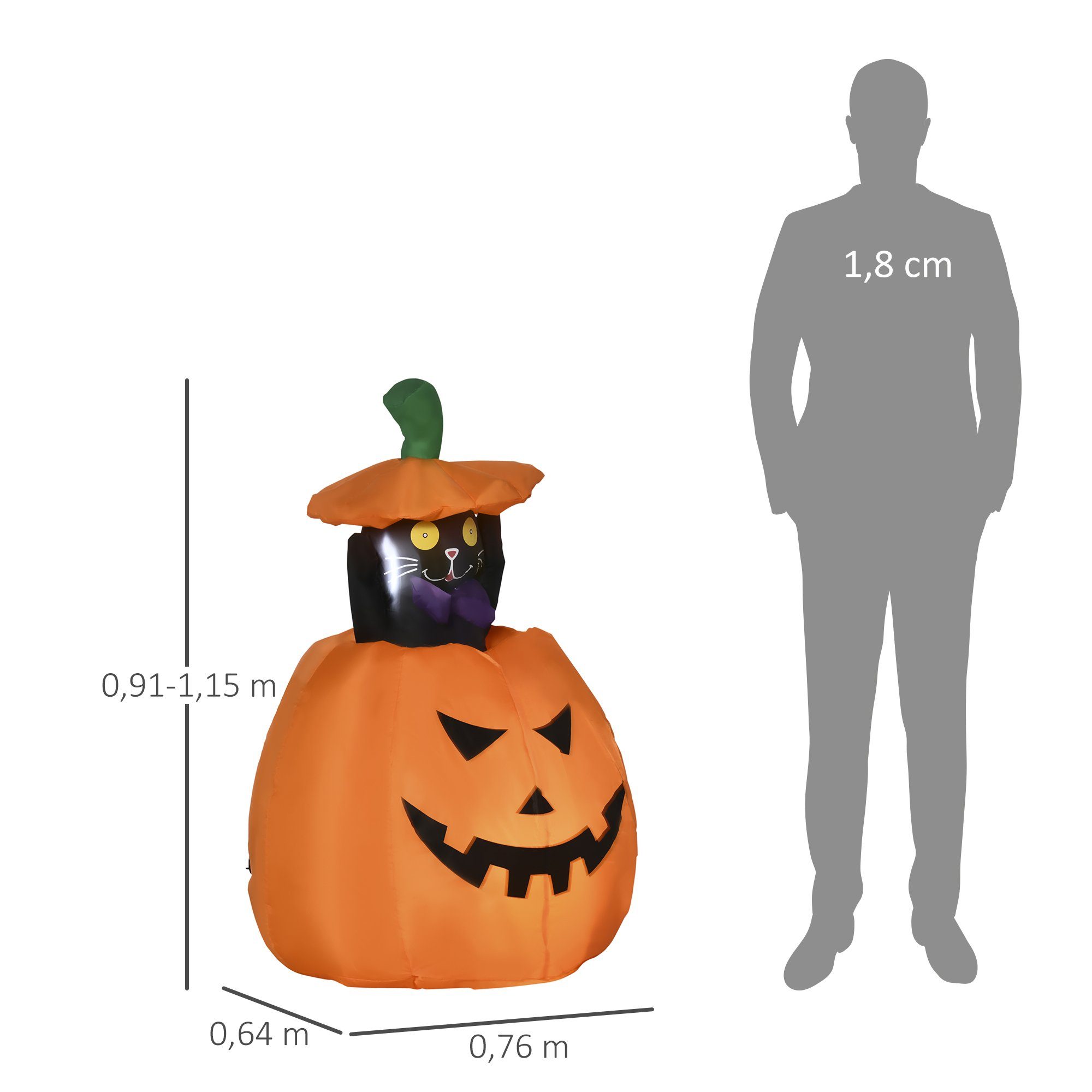 Outsunny LED-Dekofigur Aufblasbar Kürbisgeist mit beweglicher Katze (Halloween Deko, 1 St., Halloweendekorationen), Orange 76 x 64 x 91-115 cm