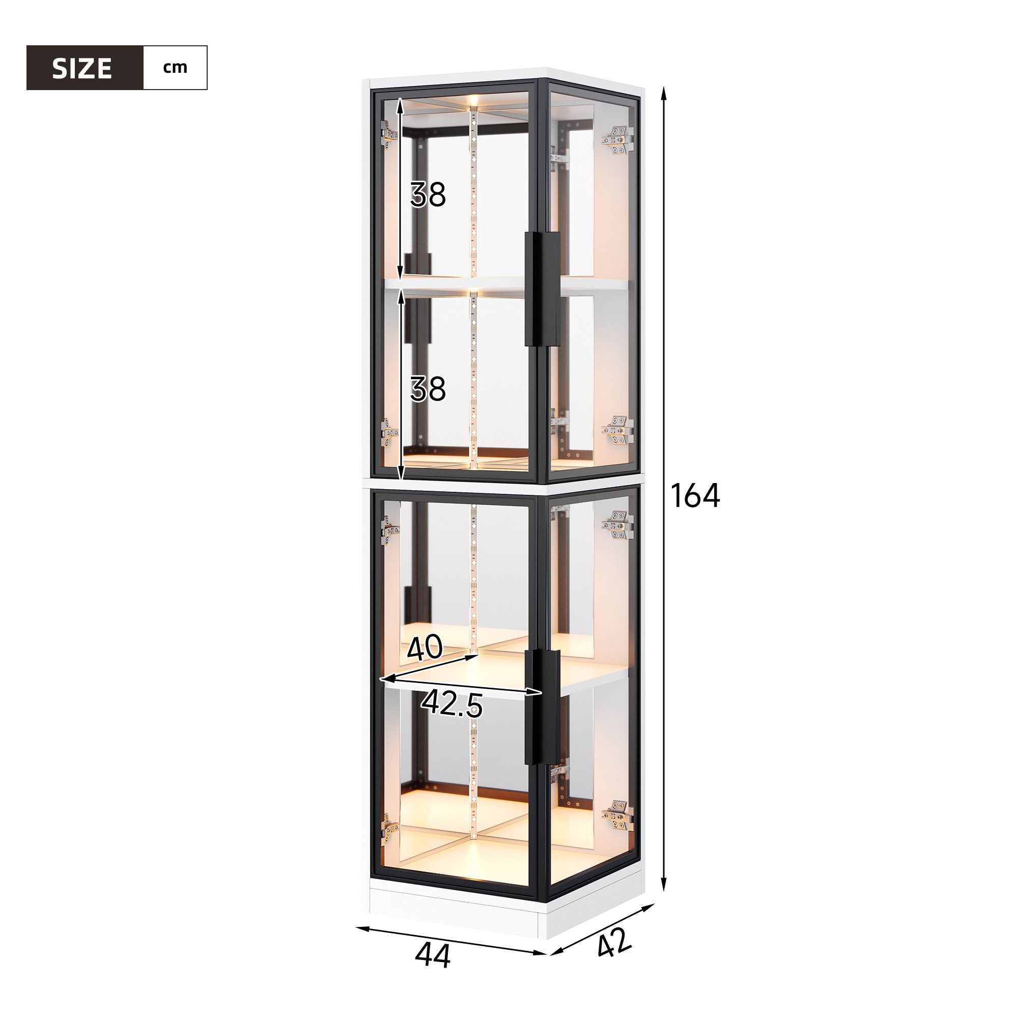 Flieks Eckvitrine Spiegelrückwand Glasvitrine Eckschrank Hochschrank mit LED-Beleuchtung (44×42×164 cm, 1-St., Multifunktionsschrank für Wohnzimmer, Schlafzimmer, Arbeitszimmer) Standvitrine Weinschrank Sammlervitrine mit 4 Glastüren, 4 Ebenen Weiß