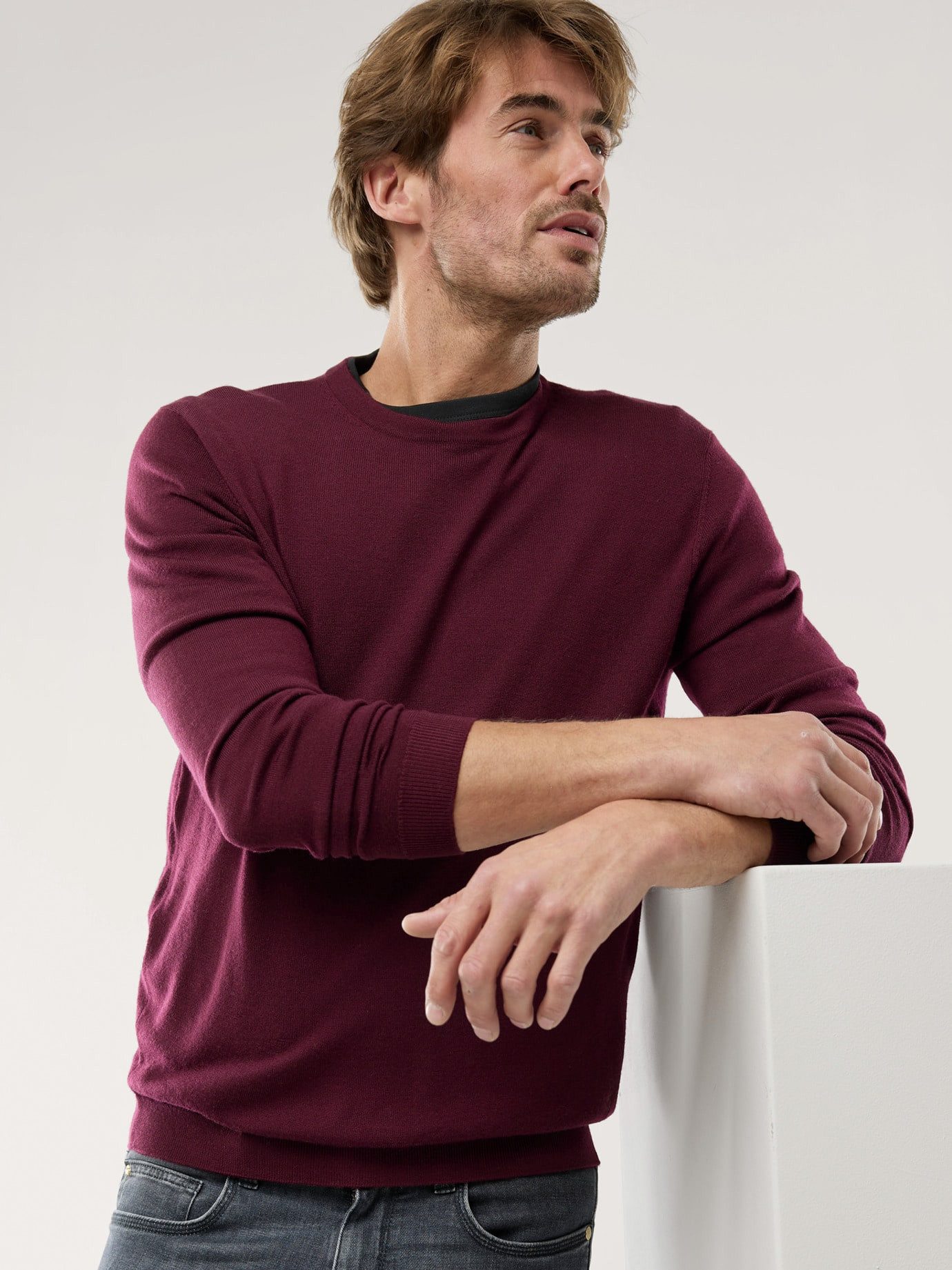 Walbusch Rundhalspullover Herren Merino Extrafein Pullover Rundhals waschmaschinenfest, pflegeleicht