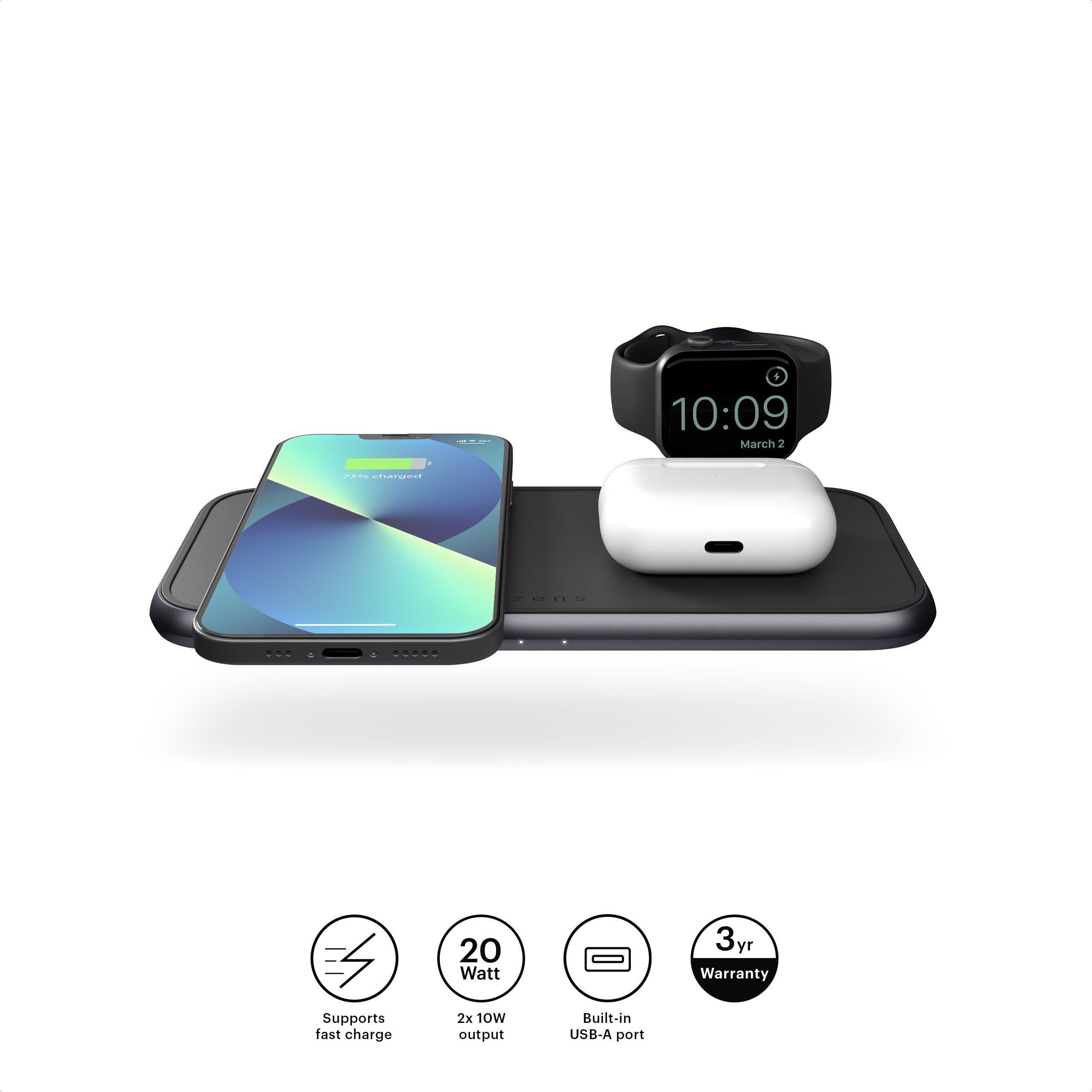 Zens Dual+Watch Induktions-Ladegerät (Für 2 Geräte + Apple Watch, Netzteil + Kabel inklusive)