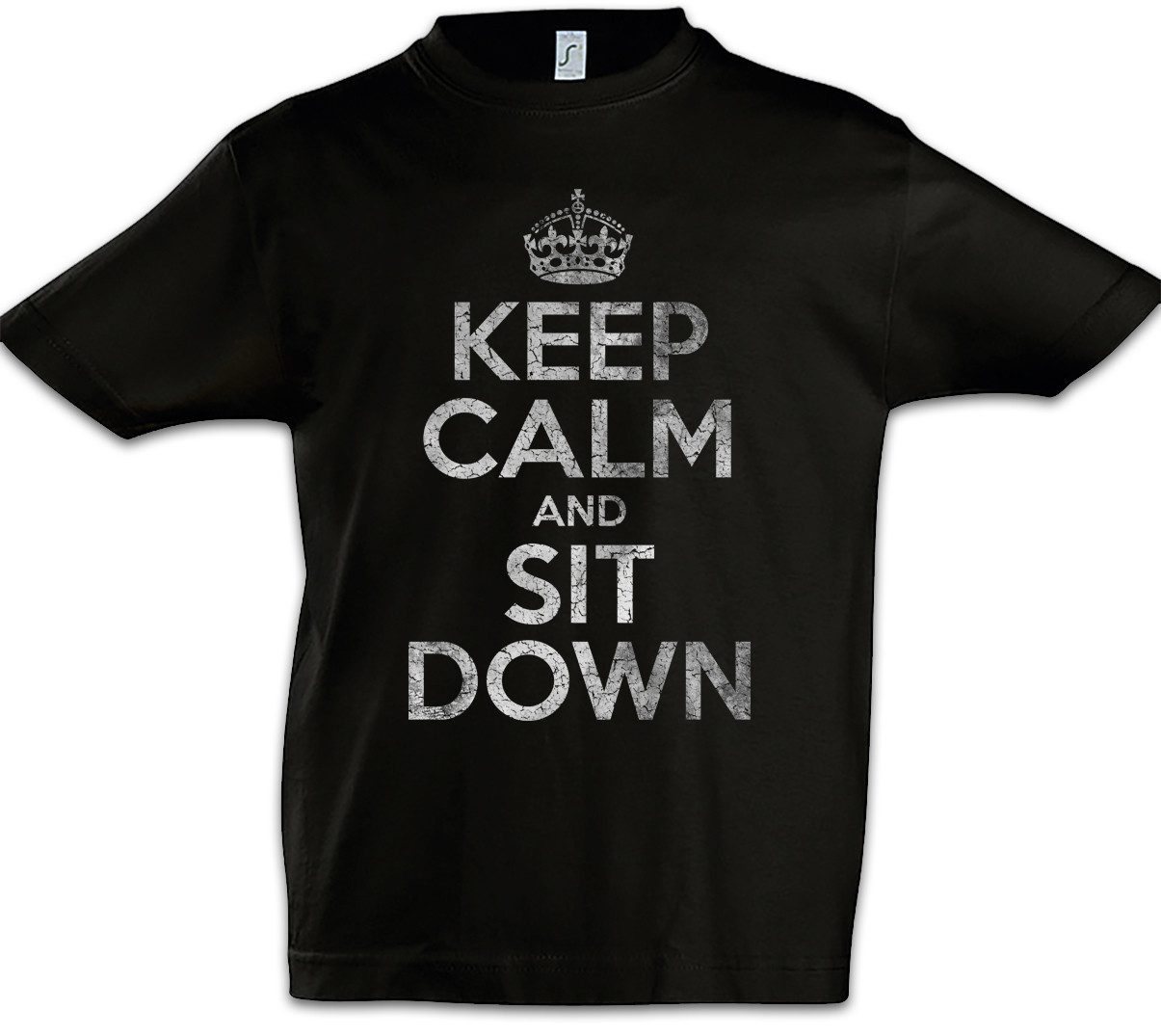 Print-Shirt Keep Calm And Sit Down Kinder T-Shirt Relax Calm Nimm Platz Hinsetzen