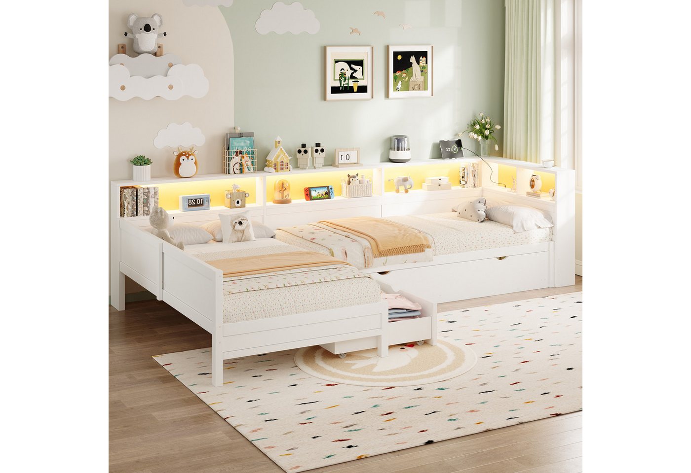 Merax Daybett mit LED und USB-Anschluss, L-Form Plattformbett (Kinderbett Jugendbett Doppelbett, 1 tlg), Holz Tagesbett mit Ausziehbett, …
