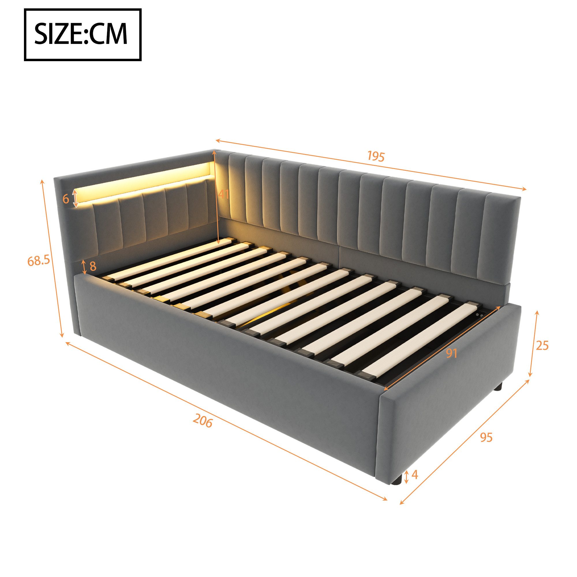 Odikalo Stauraumbett Einzelbett mit Bettkasten und Gasdruckfeder, LED-Beleuchtung 90x200 cm – Bild 5 von 5