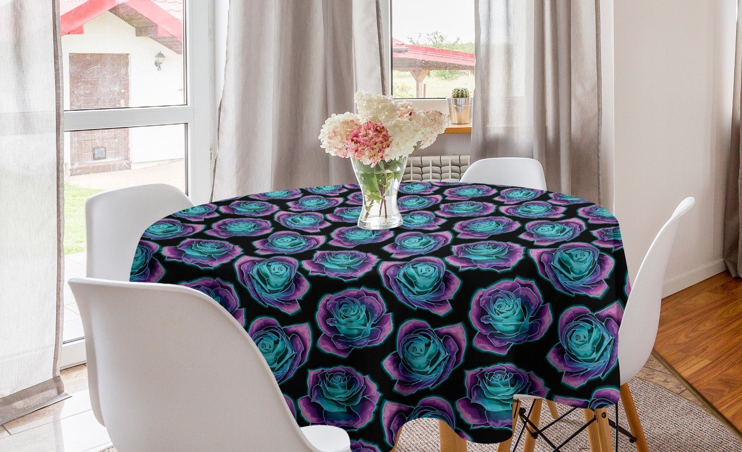 Abakuhaus Tischdecke Kreis Tischdecke Abdeckung für Esszimmer Küche Dekoration, Psychedelisch Bicolor Abstrakte Rosen