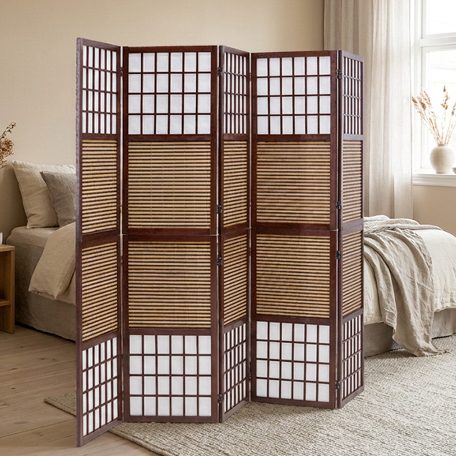 Homestyle4u Paravent Raumteiler Braun Holz Spanische Wand Sichtschutz Indoor Bambus Schwarz (5-teilig), Trennwand, faltbar