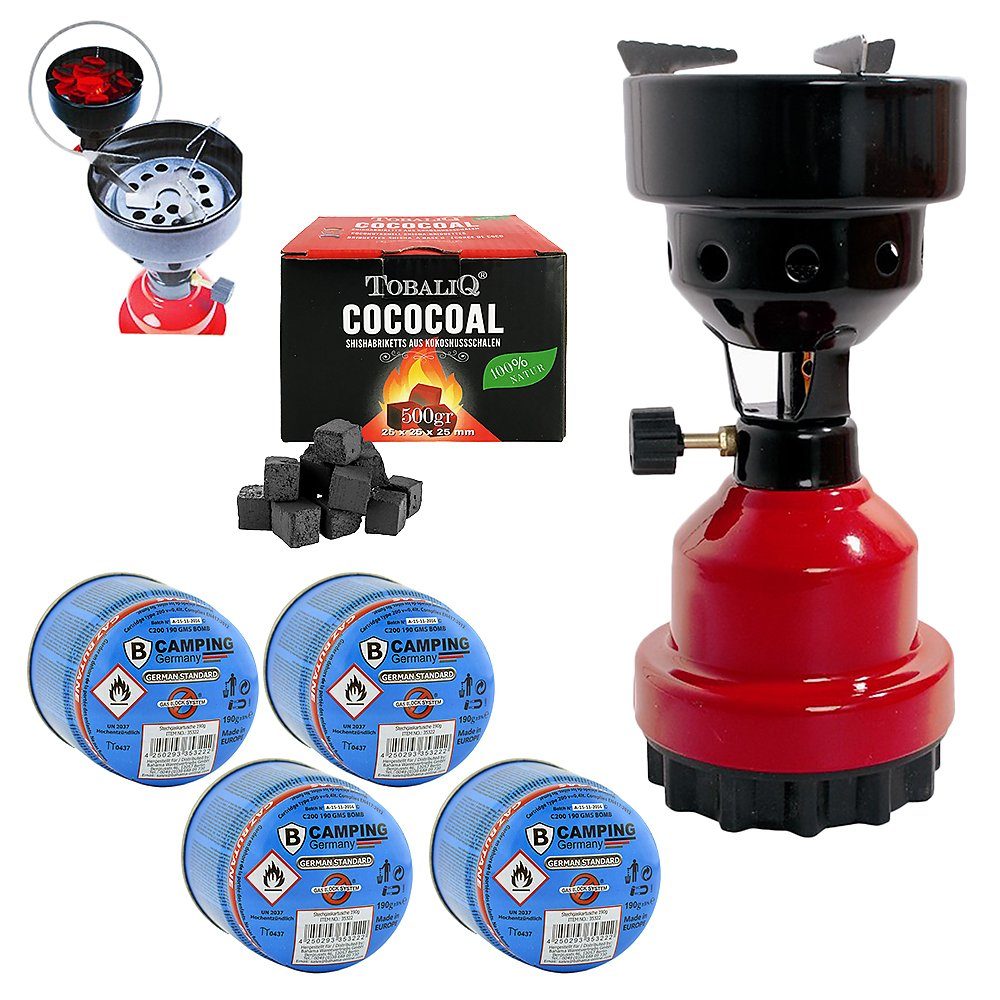 Mianova Camping-Gasgrill 1 flammig Gaskocher Rot Campingkocher Gas Мультиварки + 4 Kartuschen Kohle, BBQ Barbecue Tischgrill Notfall Campingherd Stromausfall Notkocher Notfallkocher, 2 in 1 Metall Shisha Kohleanzünder Outdoor Grill Camping Herd