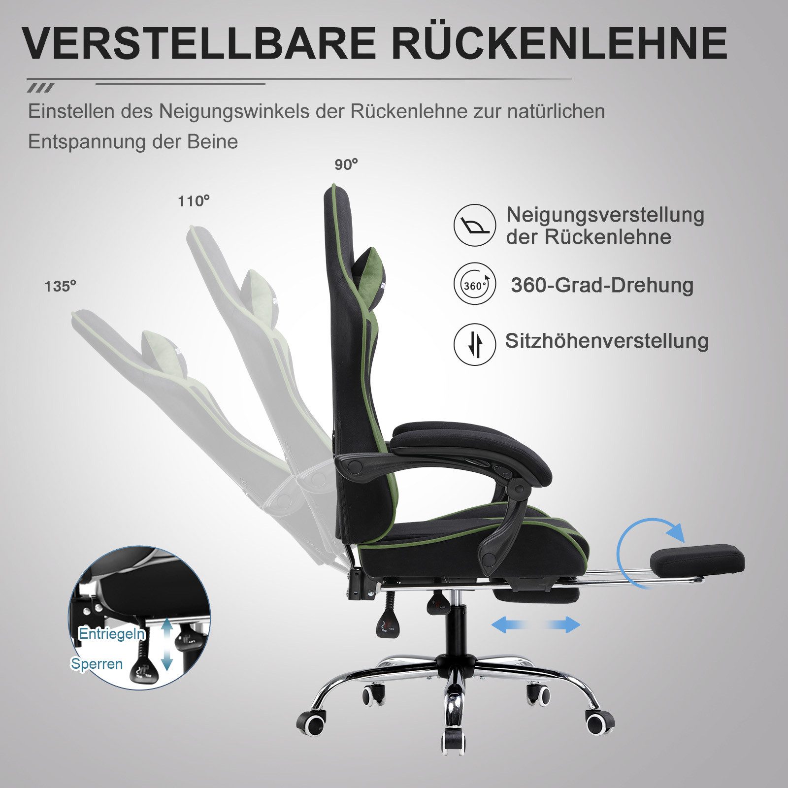 GTPLAYER Gaming-Stuhl Bürostuhl mit Massagefunktion, Fußstütze, Kopfstütze (Packung), Ergonomischer Gamer Stuhl Maximale Belastung 150 kg, 360° drehbar – Bild 4 von 5
