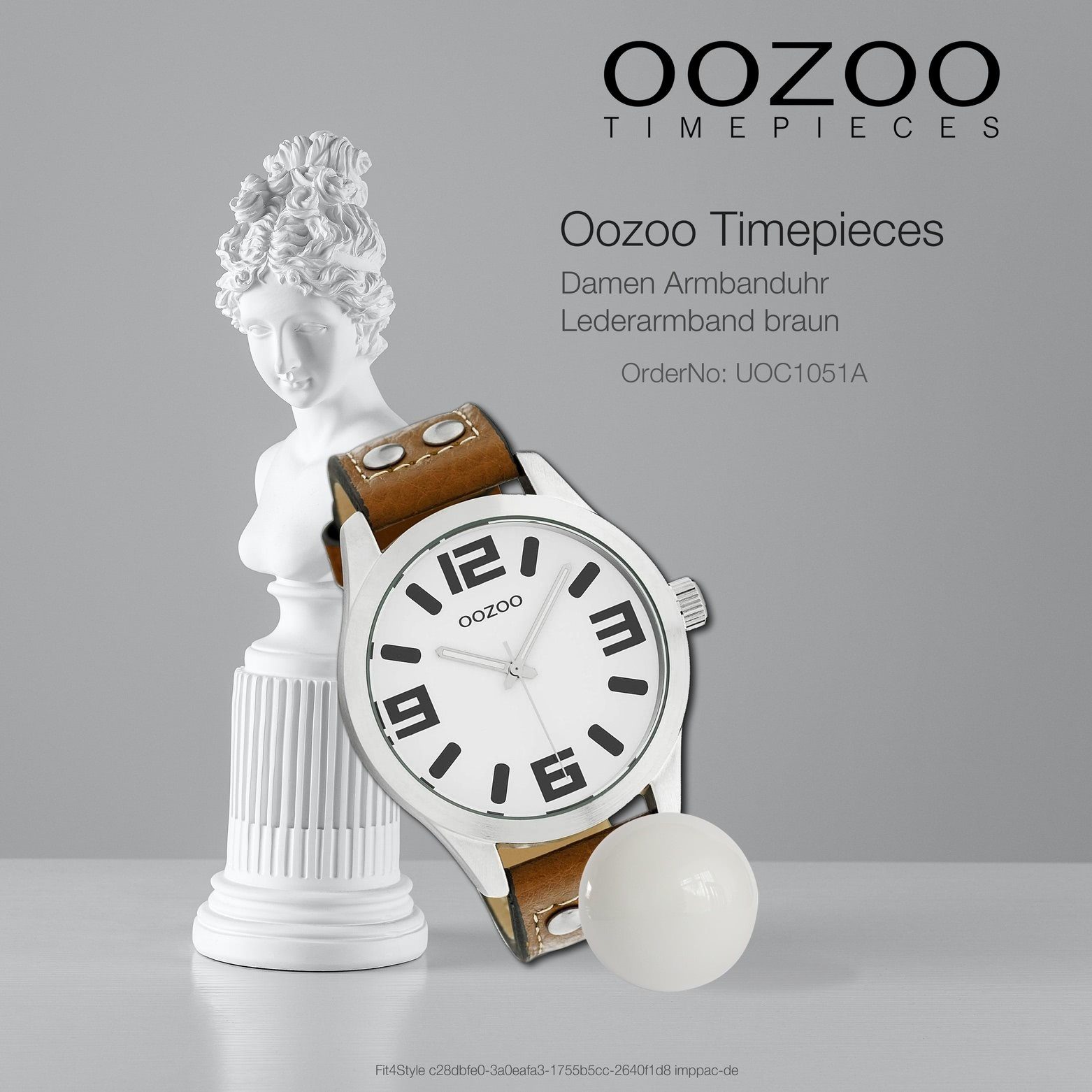 OOZOO Quarzuhr Oozoo Damen C1051, 46mm) extra Timepieces Fashion-Style Lederarmband, Armbanduhr Damenuhr rund, groß (ca