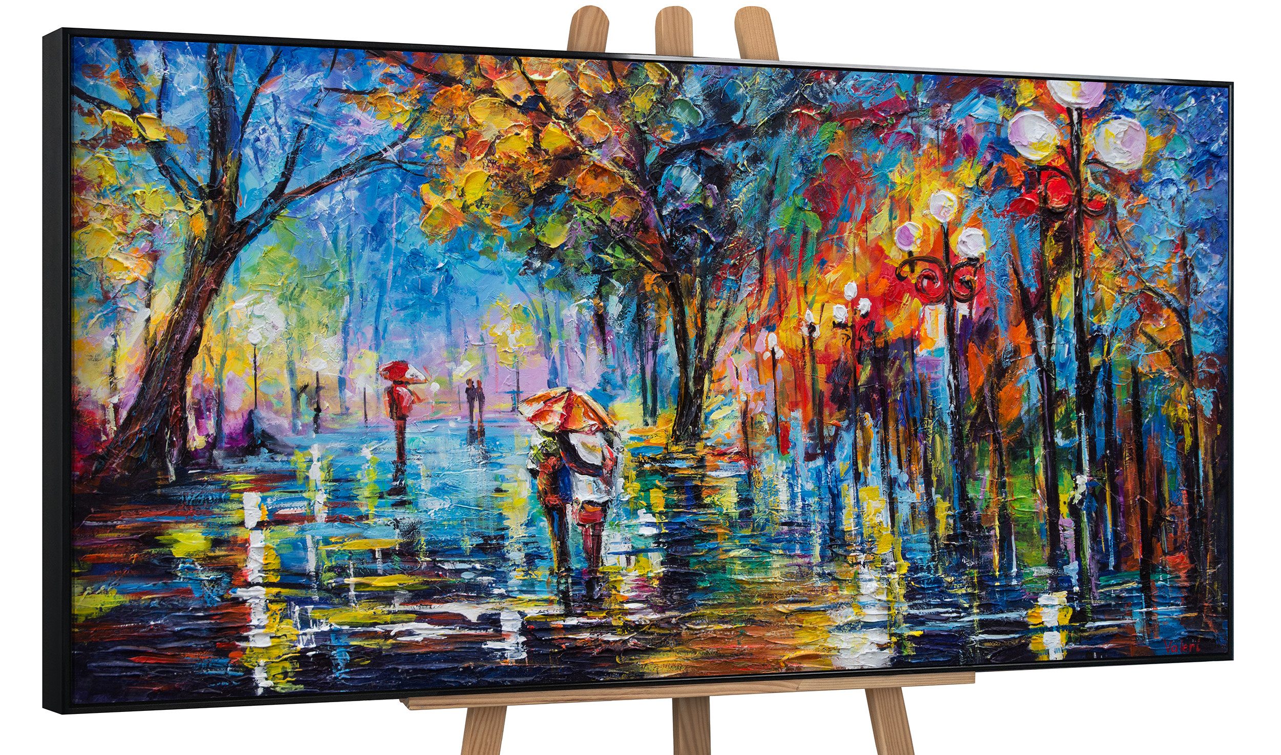 YS-Art Gemälde Herbstliche Allee, Menschen, Paar Regenschirm Leinwand Bild Handgemalt Allee Baum