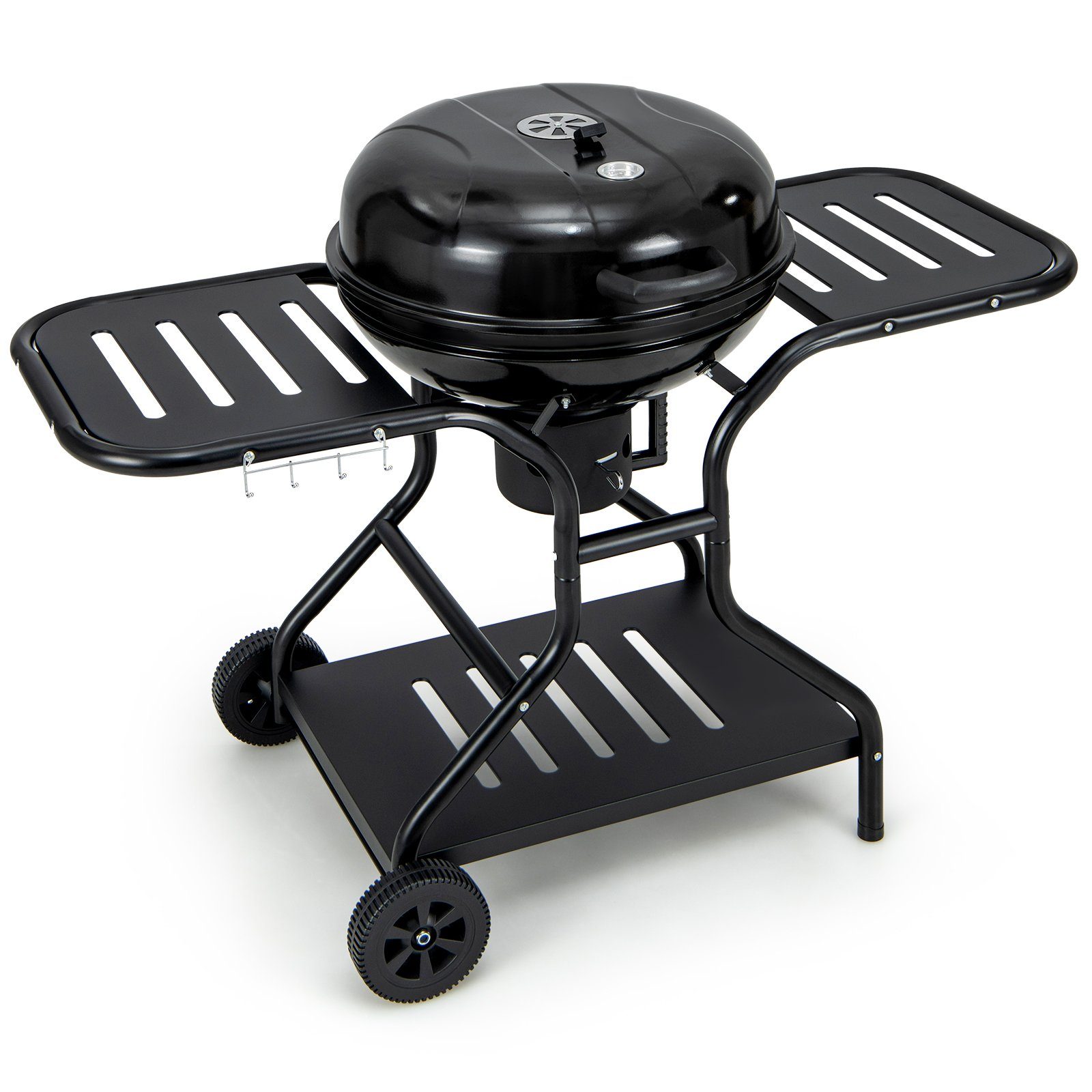 COSTWAY Holzkohlegrill φ57cm Campinggrill BBQ, mit Rädern, Rostheber, Regal, für Garten