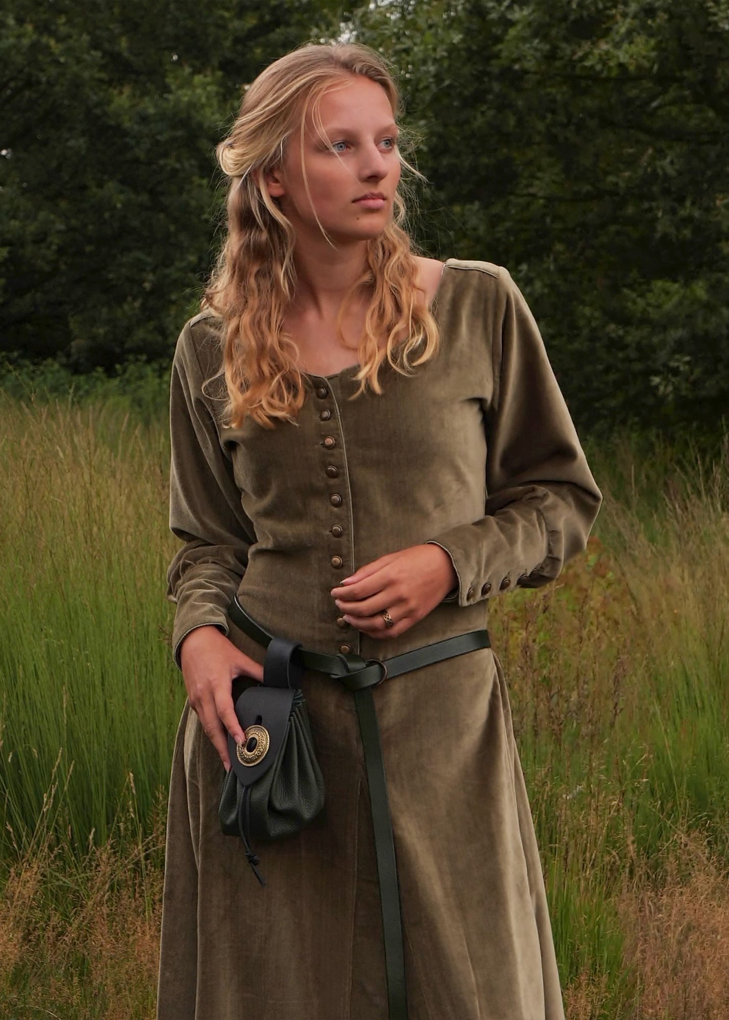 Battle Merchant Kostüm Cotehardie Isabell aus Samt, Mittelalterkleid, grün, Gr. M