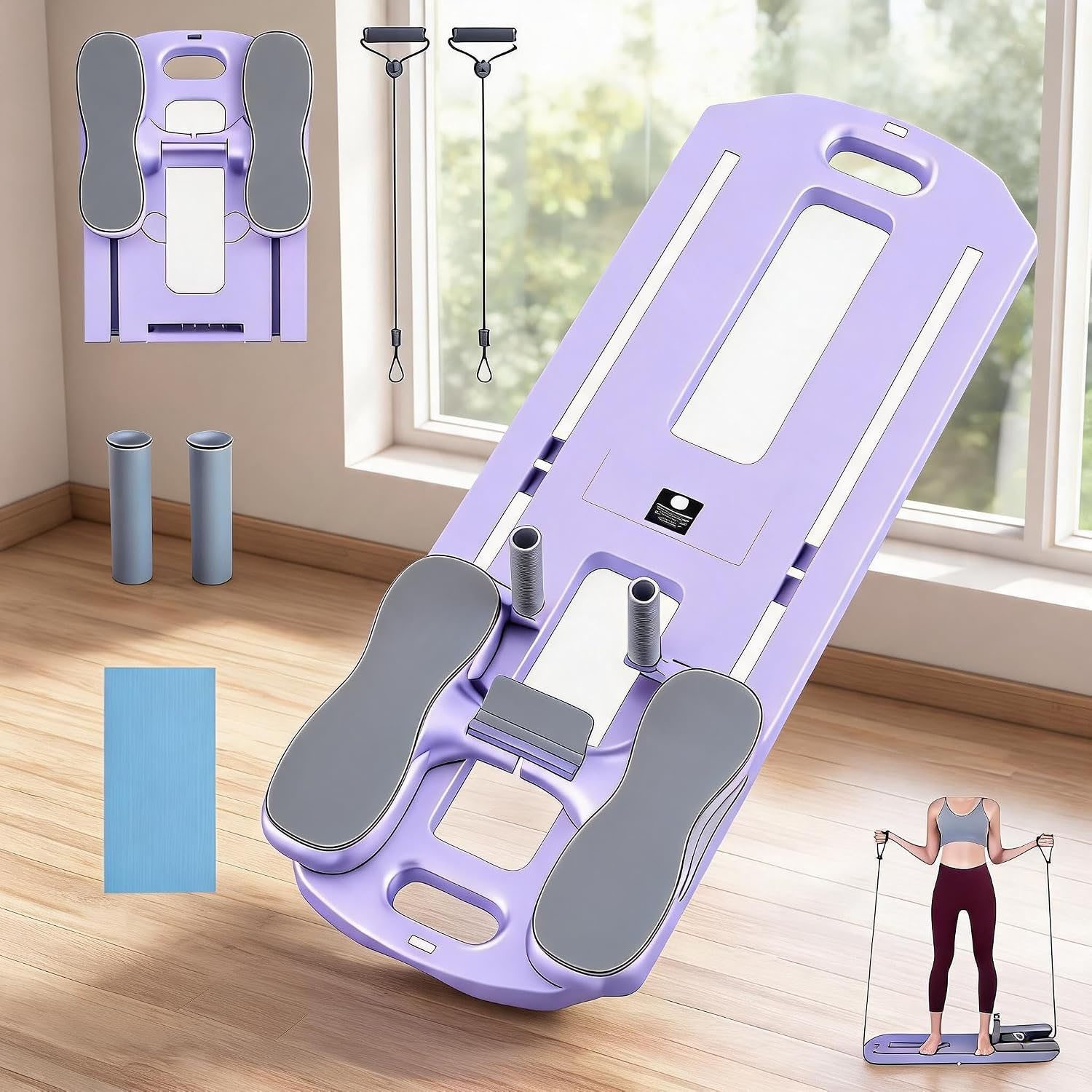 GarveeMore Ganzkörpertrainer Faltbares Pilates Reformer Board mitWiderstandsseil,Ab Roller,kompakte, 105x38CM Multifunktionales Fitnessgerät Für Heimtraining, Dehnung