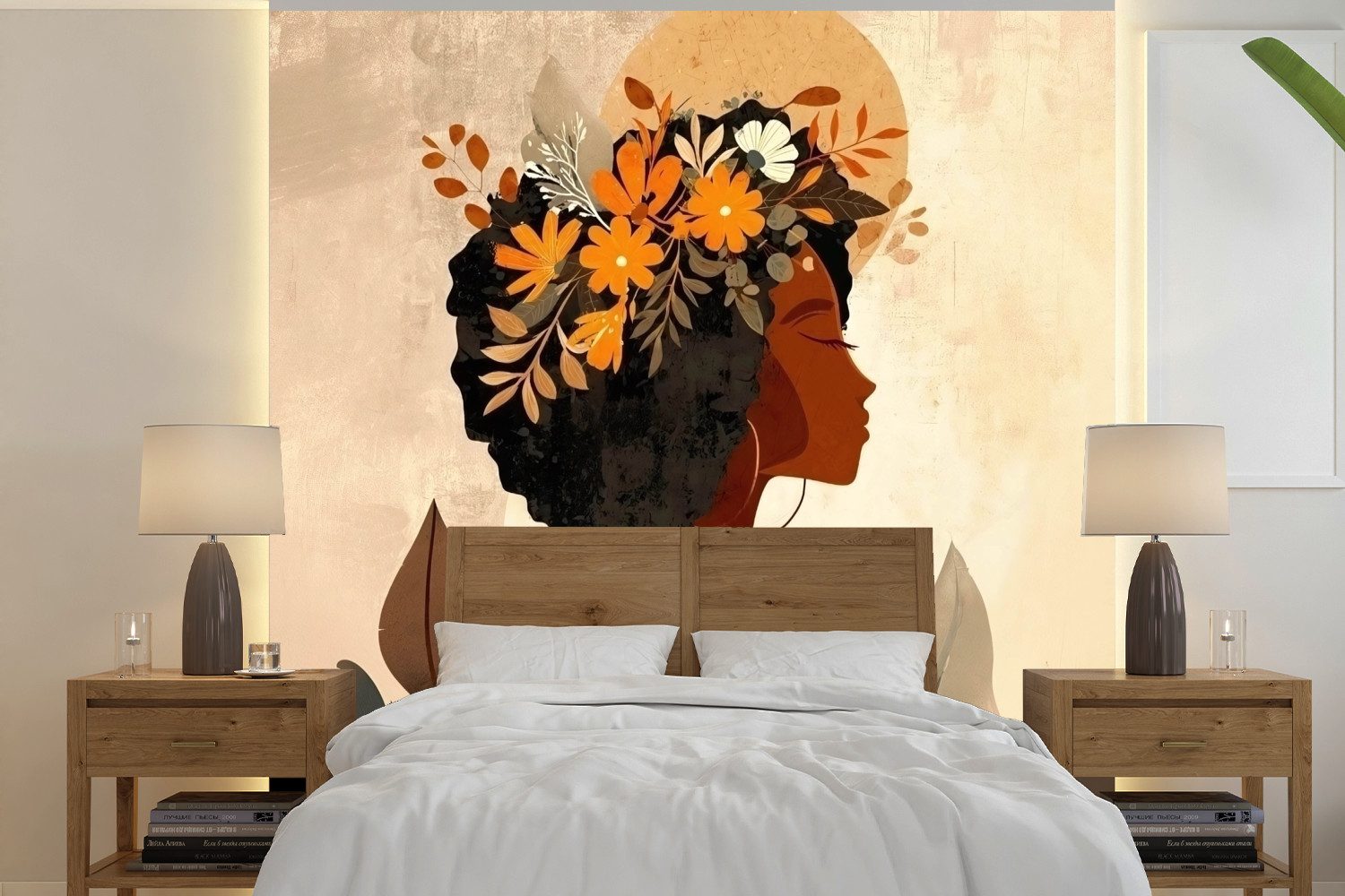 MuchoWow Fototapete Frau - Locken - Blumen - Beige, Matt, bedruckt, Vliestapete für Wohnzimmer Schlafzimmer Küche, Fototapete, 220x220 cm