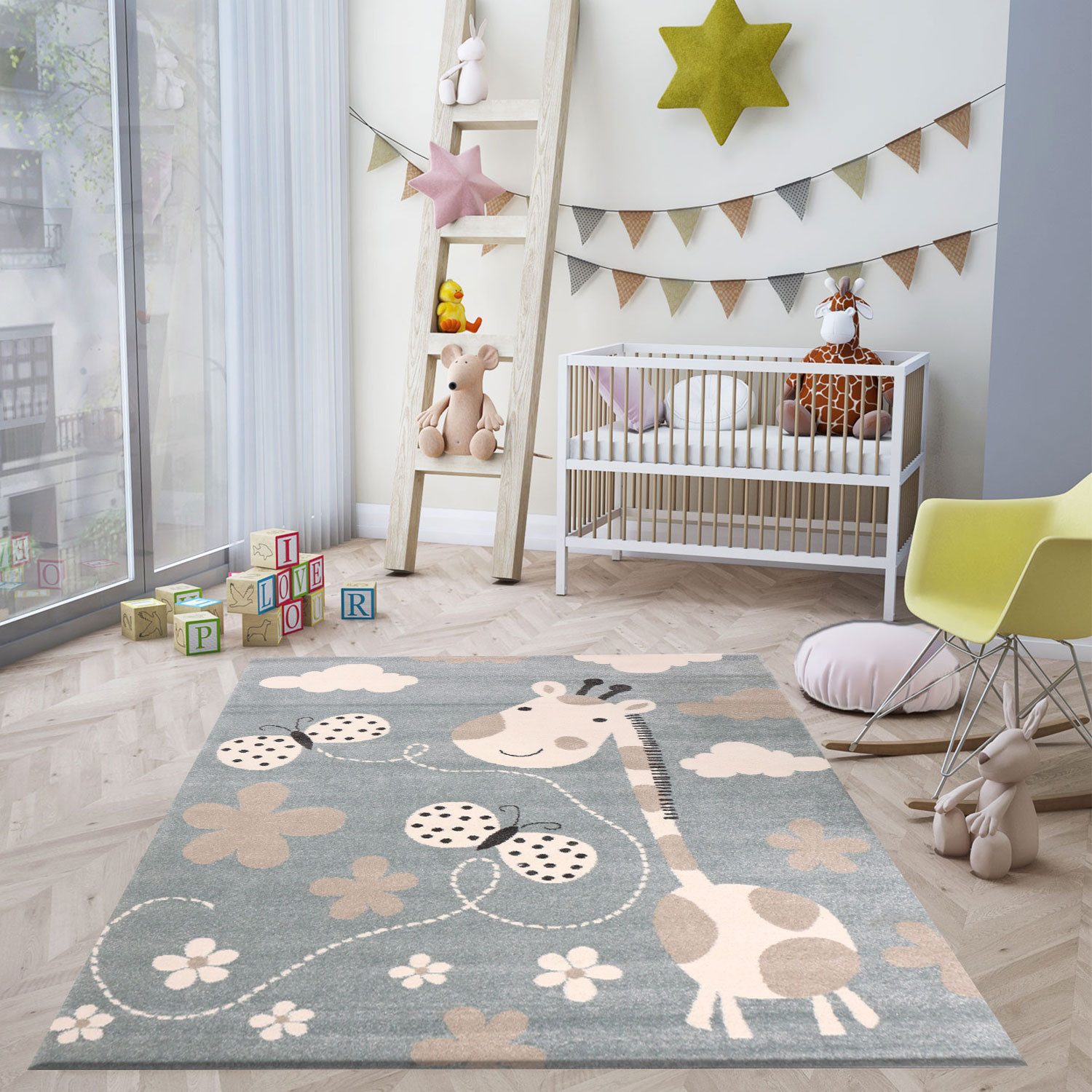 Vimoda Kinderteppich Giraffe mit Schmetterling Tiere, günstig online kaufen