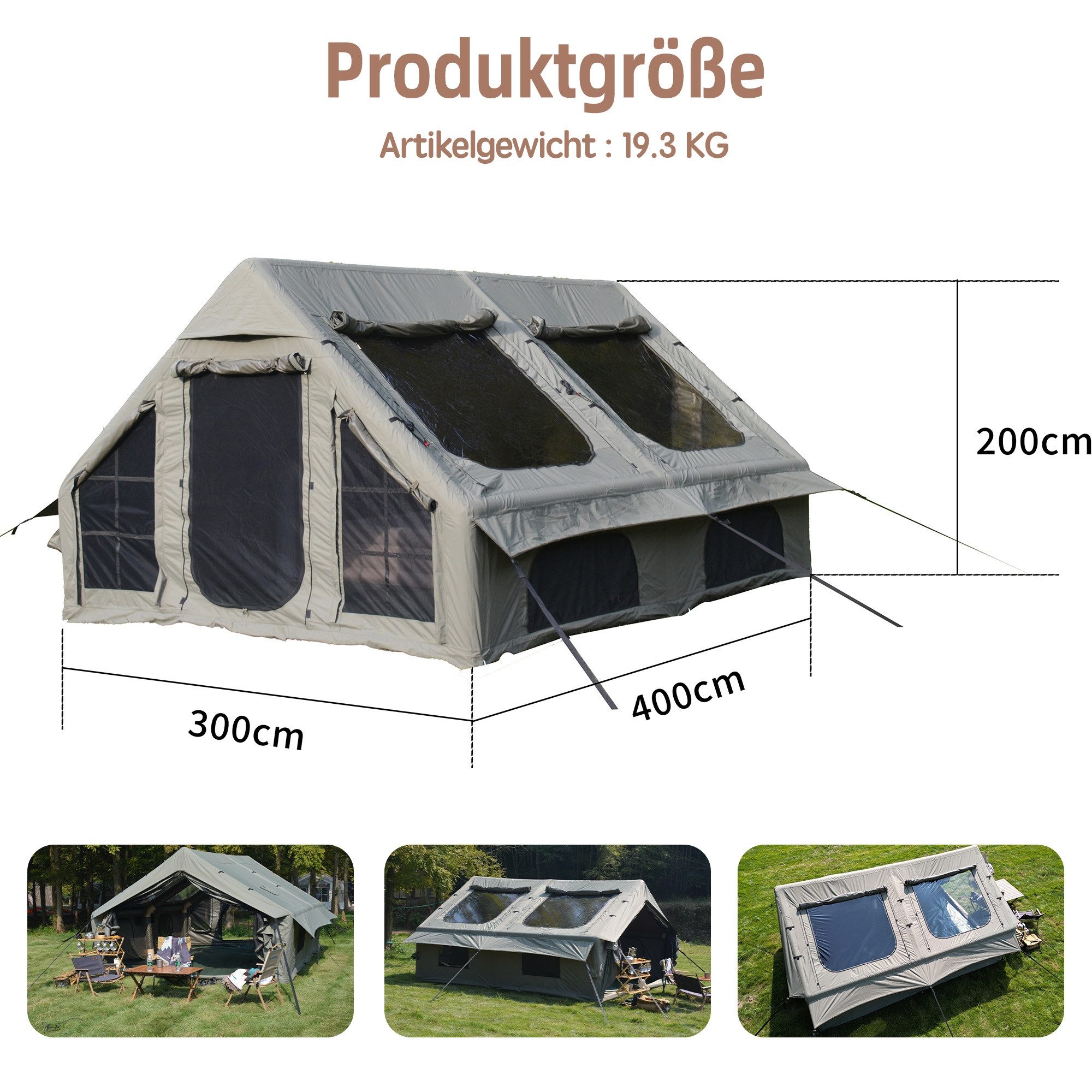 LVHOM aufblasbares Zelt 300x400x200cm(LxBxH) Steildach, 2 Türen, 6 Fenstern, Rauchabzug, Personen: 8 (Design mit Aufblasbare Luftbalken, Insektenschutz, Innen-Taschen, reflektierende Elemente, Zubehöre mit Handpumpe, 1 Tragetasche, 20 Heringe, 8 Verstärkungsleinen, Ihr mobiles Outdoor-Wohnzimmer), Sonnenschutz UPF50+/wasserdicht/schneedicht/winddicht/5 Min. aufgebaut