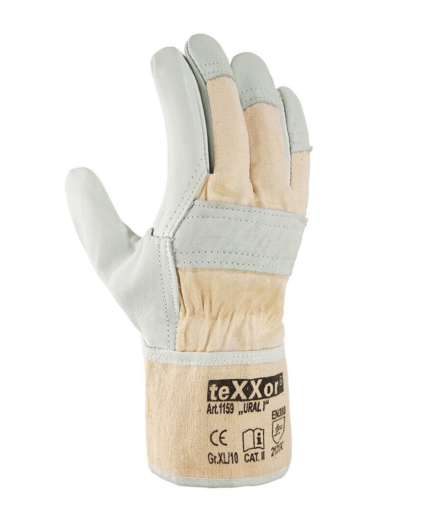 teXXor Lederhandschuhe Rindvollleder-Handschuh URAL I Arbeitshandschuh 1159 (Packung, 12-St., VPE=12-120 Paar, Gr 7-12) Doppelnähte aus Polyester/verstärkt