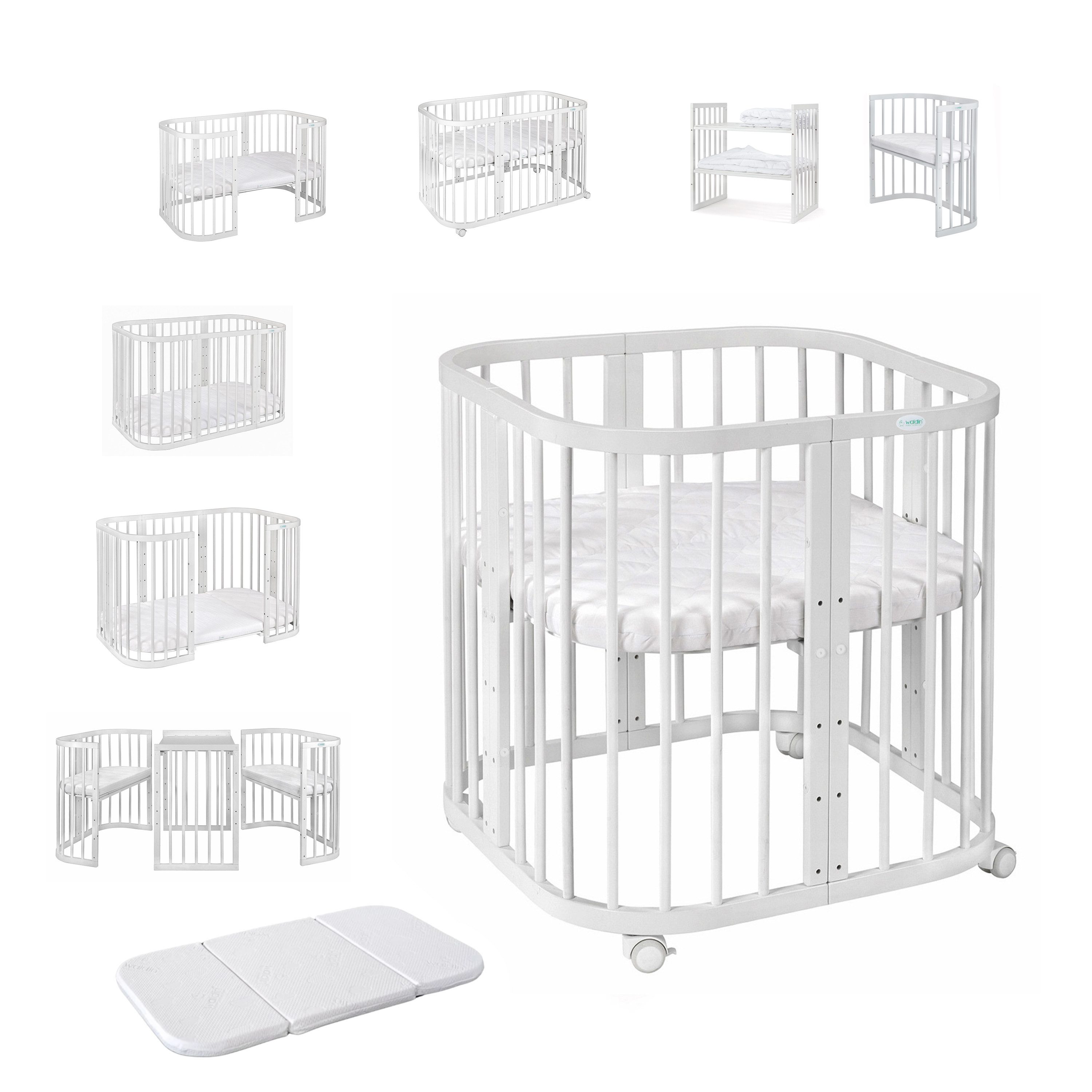 Waldin Babybett Mobiles Babybett aus Holz 7in1 mit Matratze, mitwachsend