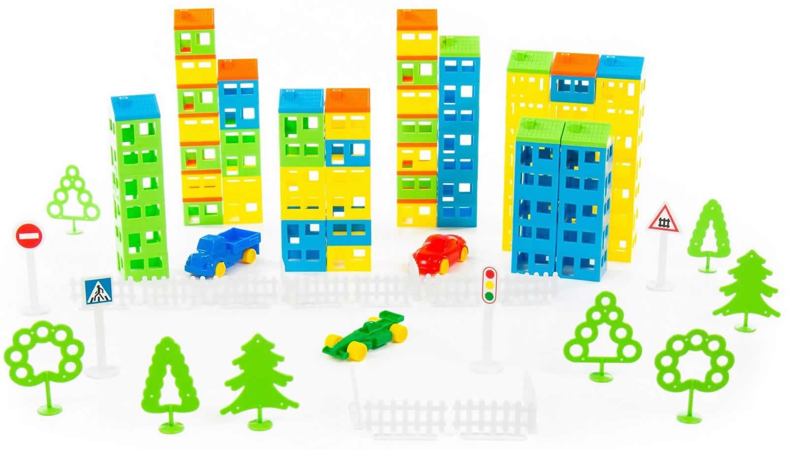 Polesie Konstruktionsset Meine Stadt 410-tlg. mit Haus-Bausätze Autos Bäume Spielbausteine, (410 St)