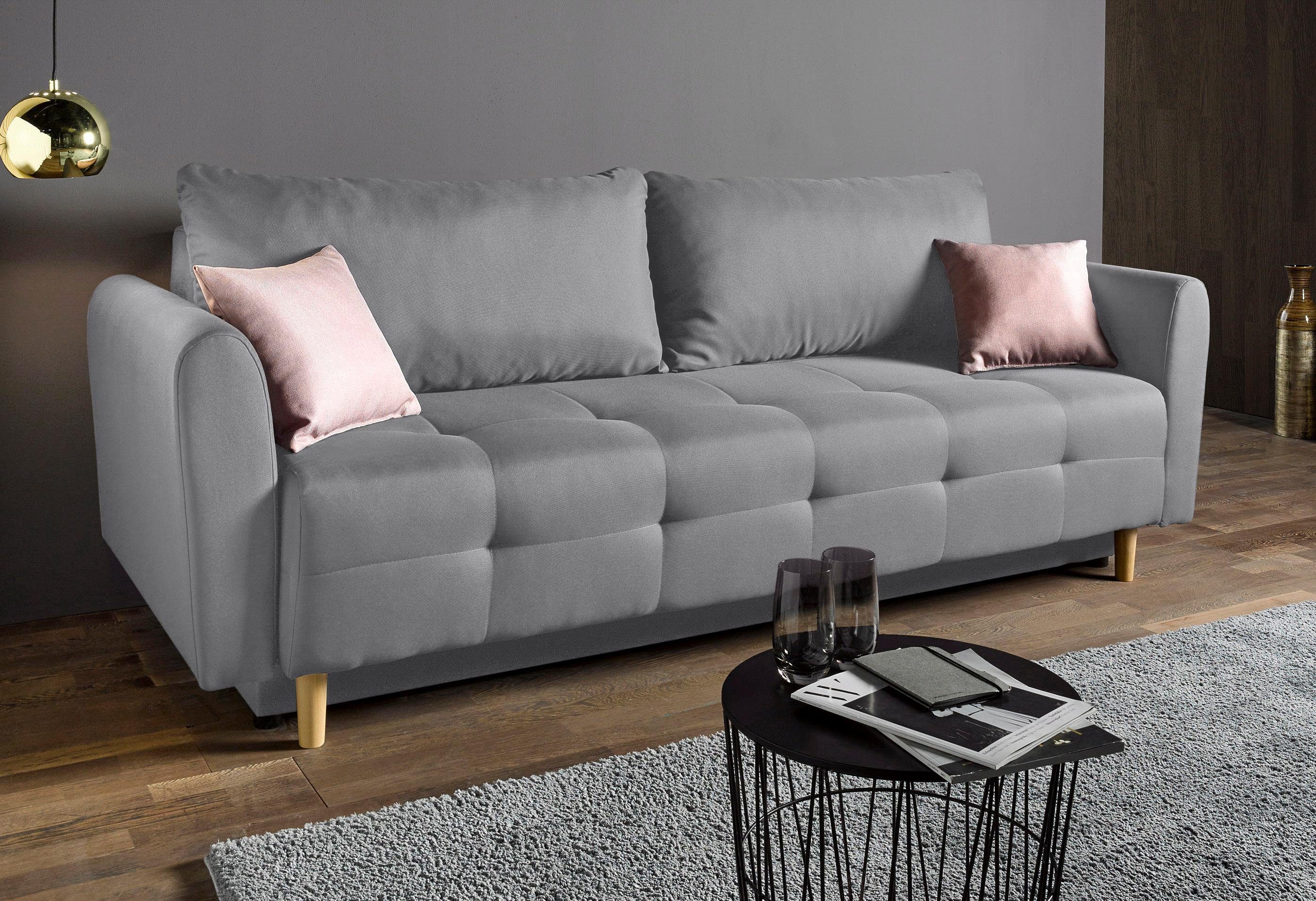Home affaire Schlafsofa Nordic, B: 219 cm, Liegel. 137x195 cm, Schlaffunktion, Bettkasten & 2 Zierkissen, Federkern