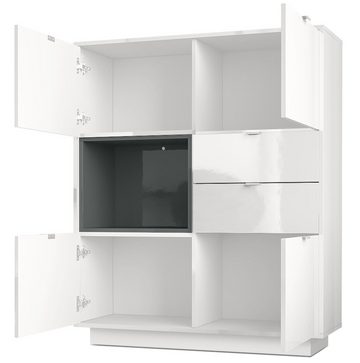 Vladon Highboard Metro (Highboard, mit 4 Türen, 2 Schubladen und 1 offenem Fach), Weiß Hochglanz/Beton Oxid Optik (103 x 123 x 38 cm)