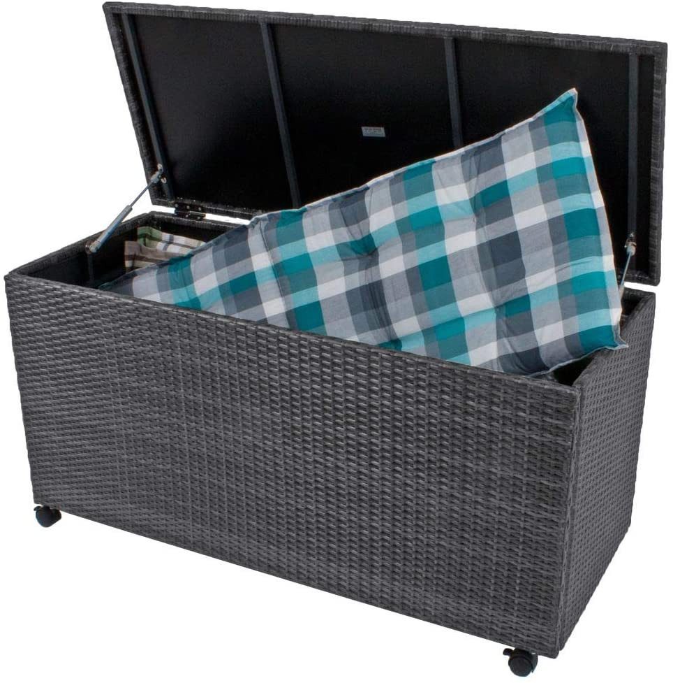 Gartenwelt Riegelsberger Gartenbox Grau L120 x B50 x H62,5 cm Rattan-Auflagenbox Aufbewahrung Kissenbox, Gasdruckfedern, Rattan-Optik Grau, Belüftung und Feuchtigkeitsschutz