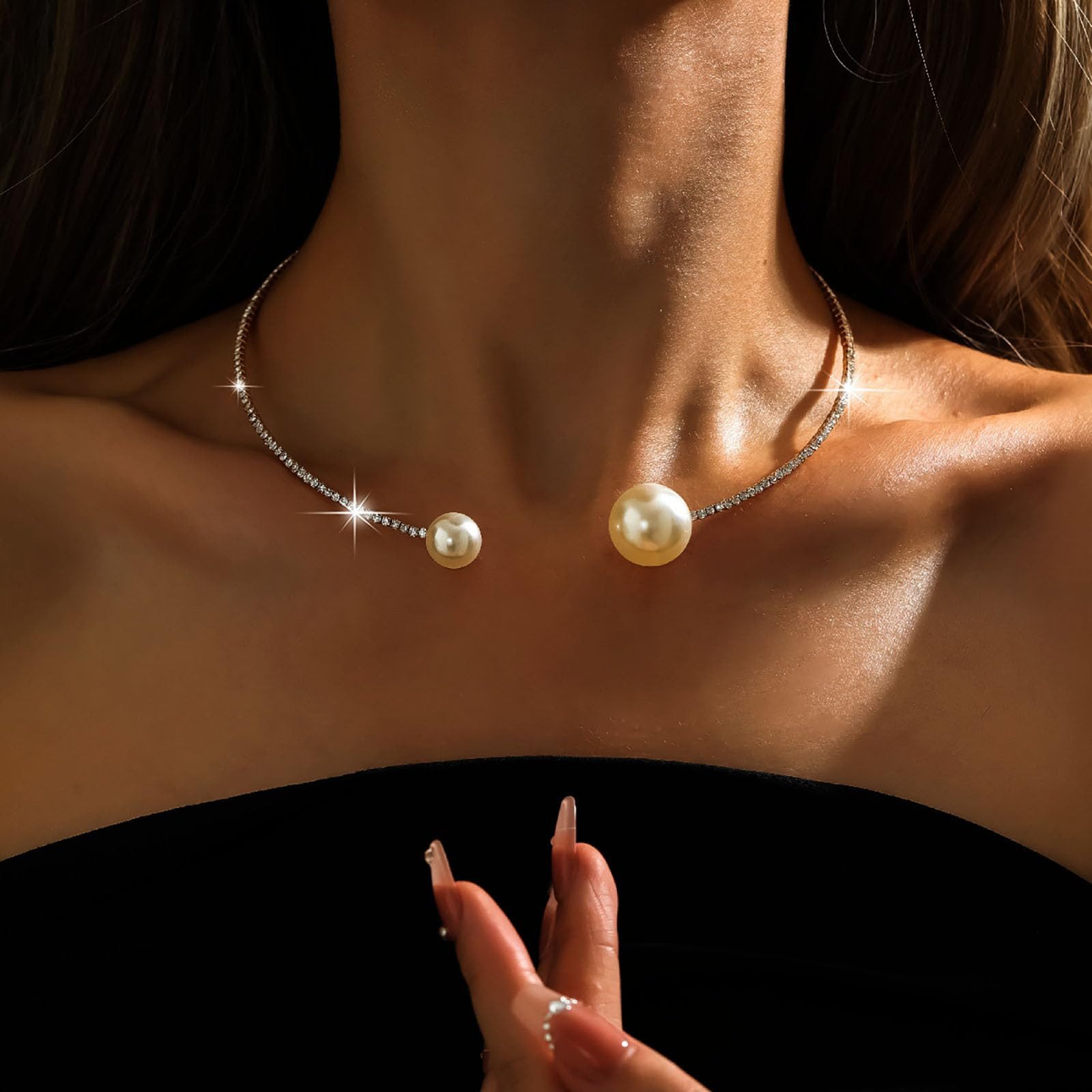 MOPUEA Kette mit Anhänger Strass Perlenkette Choker, Faux Perle offene geometrische Kragen (Hochzeit Halsketten Braut Kristall Kette Schmuck, 1-tlg), Silber Kristall Zarte Halskette Schmuck für Frauen und Mädchen