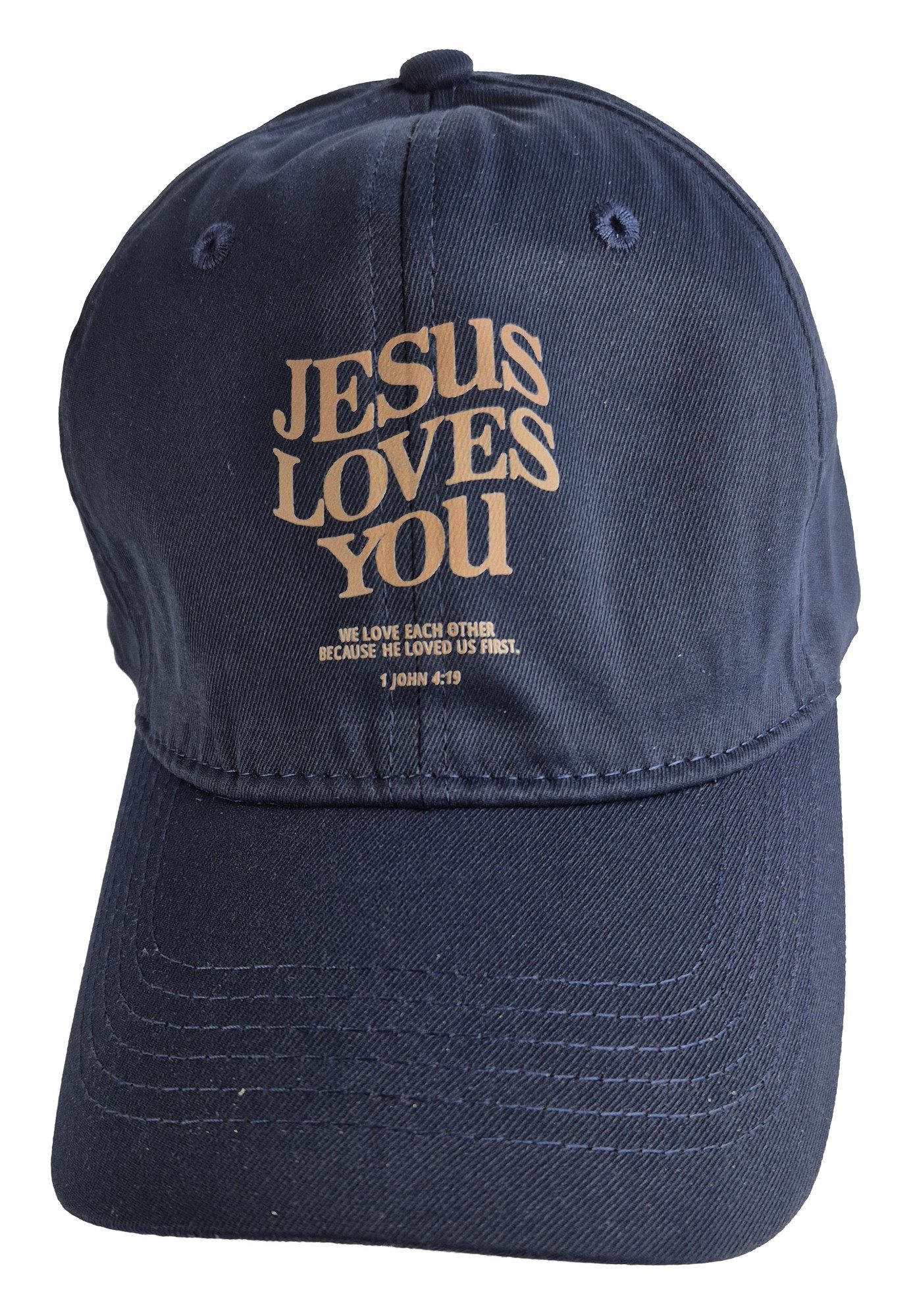 Einkaufszauber Schirmmütze Baseball Cap Schirmmütze "Jesus loves you" Blau - besonders großer Schirm bietet guten Sonnenschutz