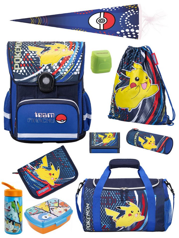Familando Schulranzen Pokemon Blau, Pikachu Schultasche ab der 1. Klasse (Set, 10-tlg., inkl. Schultüte, Sporttasche und Lunch-Set), ergonomisch, mit Brustgurt, 990 Gramm leicht
