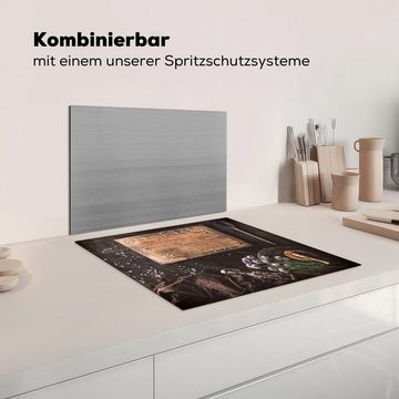 MuchoWow Herdblende-/Abdeckplatte Schneidebrett - Kräuter - Löffel - Küche - Rustikal - Mörser -, Vinyl, (1 tlg), 59x52 cm, Ceranfeldabdeckung für die küche, Induktionsmatte