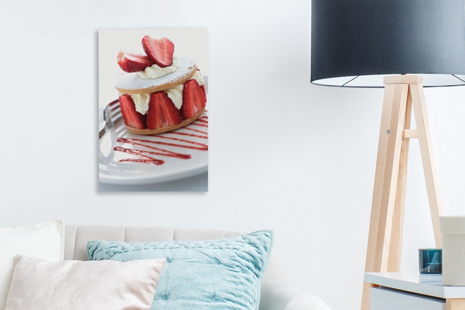 OneMillionCanvasses® Leinwandbild Erdbeer bespannt - - 20x30 Kuchen St), Sauce, fertig inkl. Gemälde, cm (1 Leinwandbild Zackenaufhänger