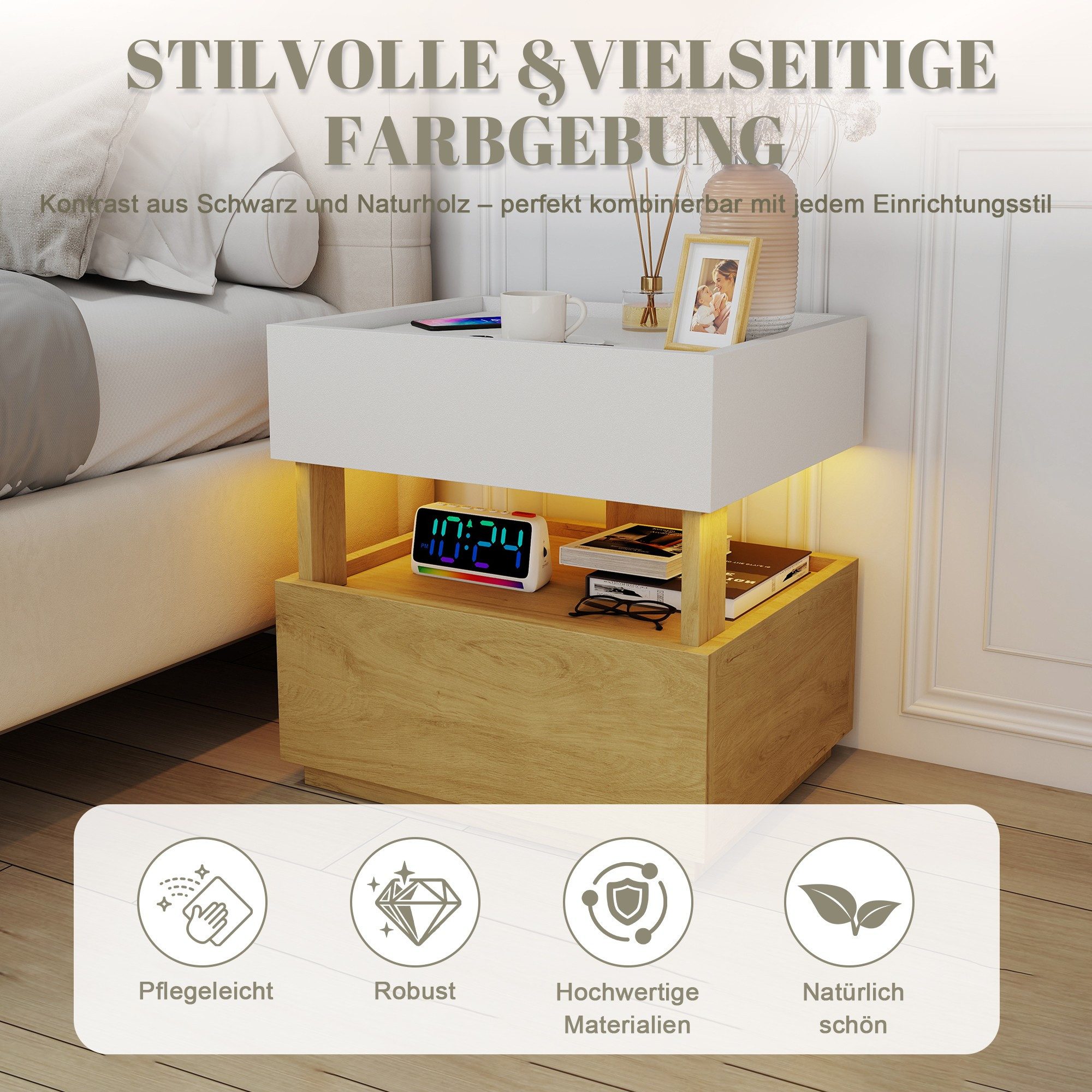 BlingBin Nachttisch Intelligenter Nachttisch mit Qi-Ladefunktion, USB, LED-Stimmungslicht (1er Set, 1-St., 50x40x50 cm), 2 Schubladen, moderner Beistelltisch fürs Schlafzimmer