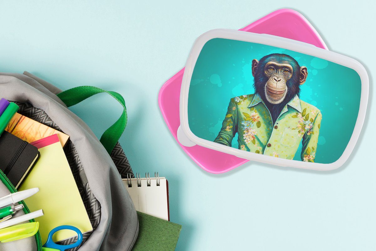 MuchoWow Lunchbox - Kunststoff Bluse Blumen für Kunststoff, Brotdose Grün Kinder, Erwachsene, (2-tlg), rosa Brotbox - Porträt, Affe Mädchen, - Snackbox, 